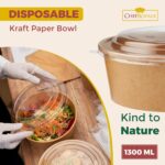 Salad Bowl Round Paper (1300ml/45oz) Kraft with Plastic Lids - Image 2