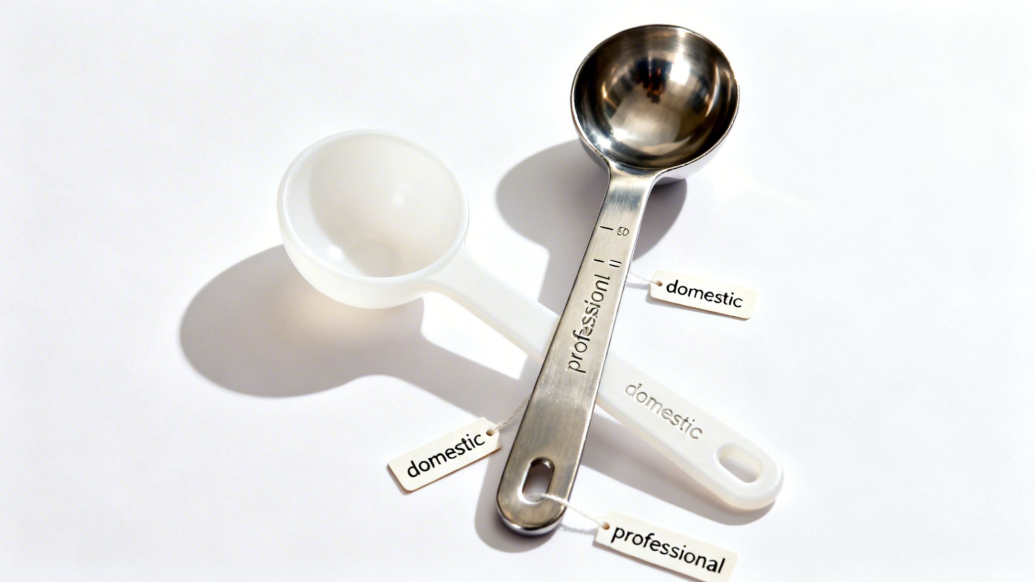 Two measuring spoons, one white plastic and one metallic, with 'professional' and 'domestic' tags.