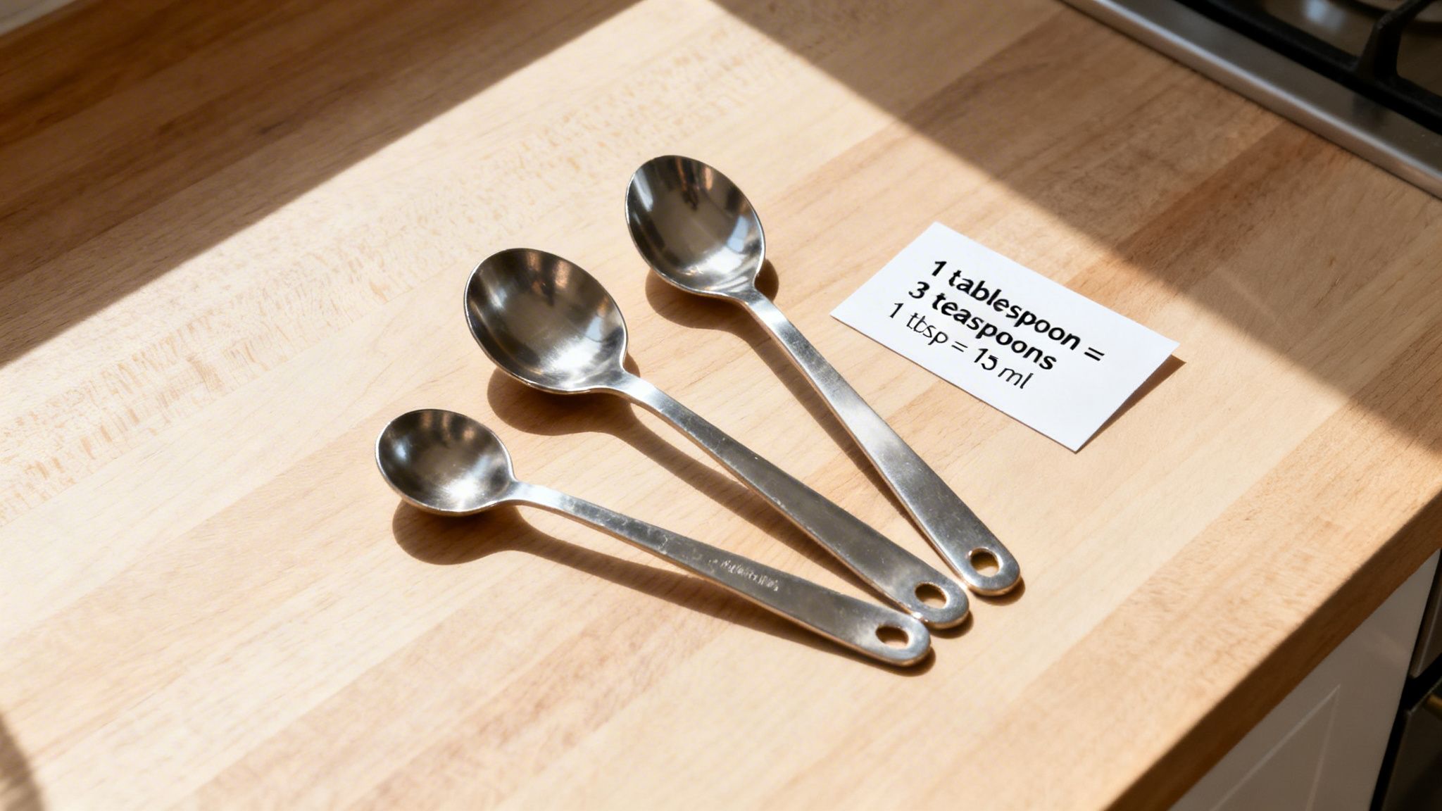 Three silver measuring spoons of different sizes on a wooden counter with a conversion card.