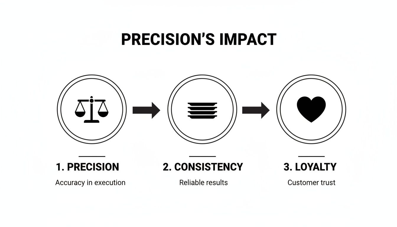 An infographic illustrating 'Precision's Impact': Precision (balance scale icon) leads to Consistency (stacked plates icon), which builds Loyalty (heart icon), explaining the impact of precision.