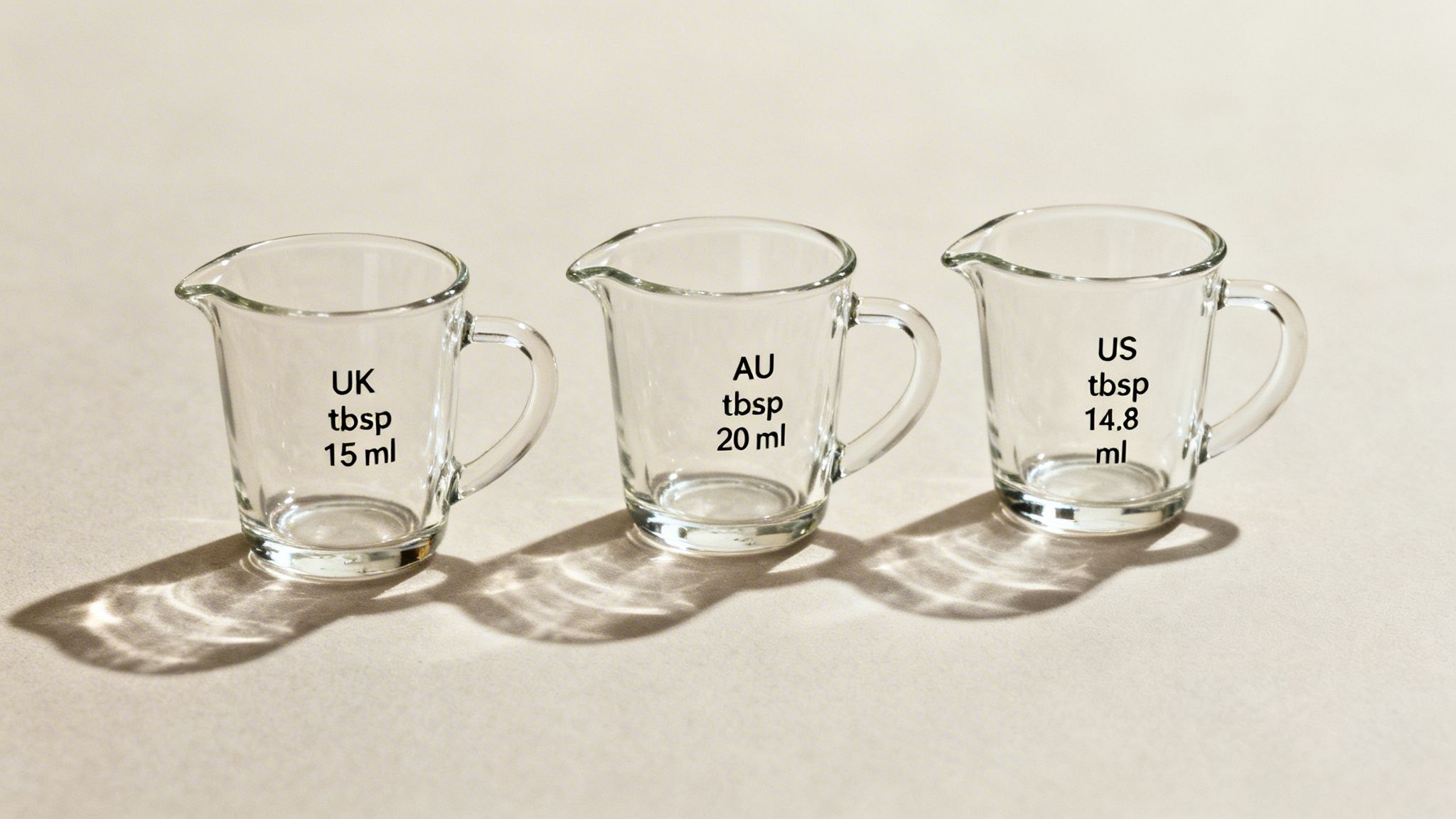 Three glass measuring cups showing UK (15ml), AU (20ml), and US (14.8ml) tablespoon volumes.