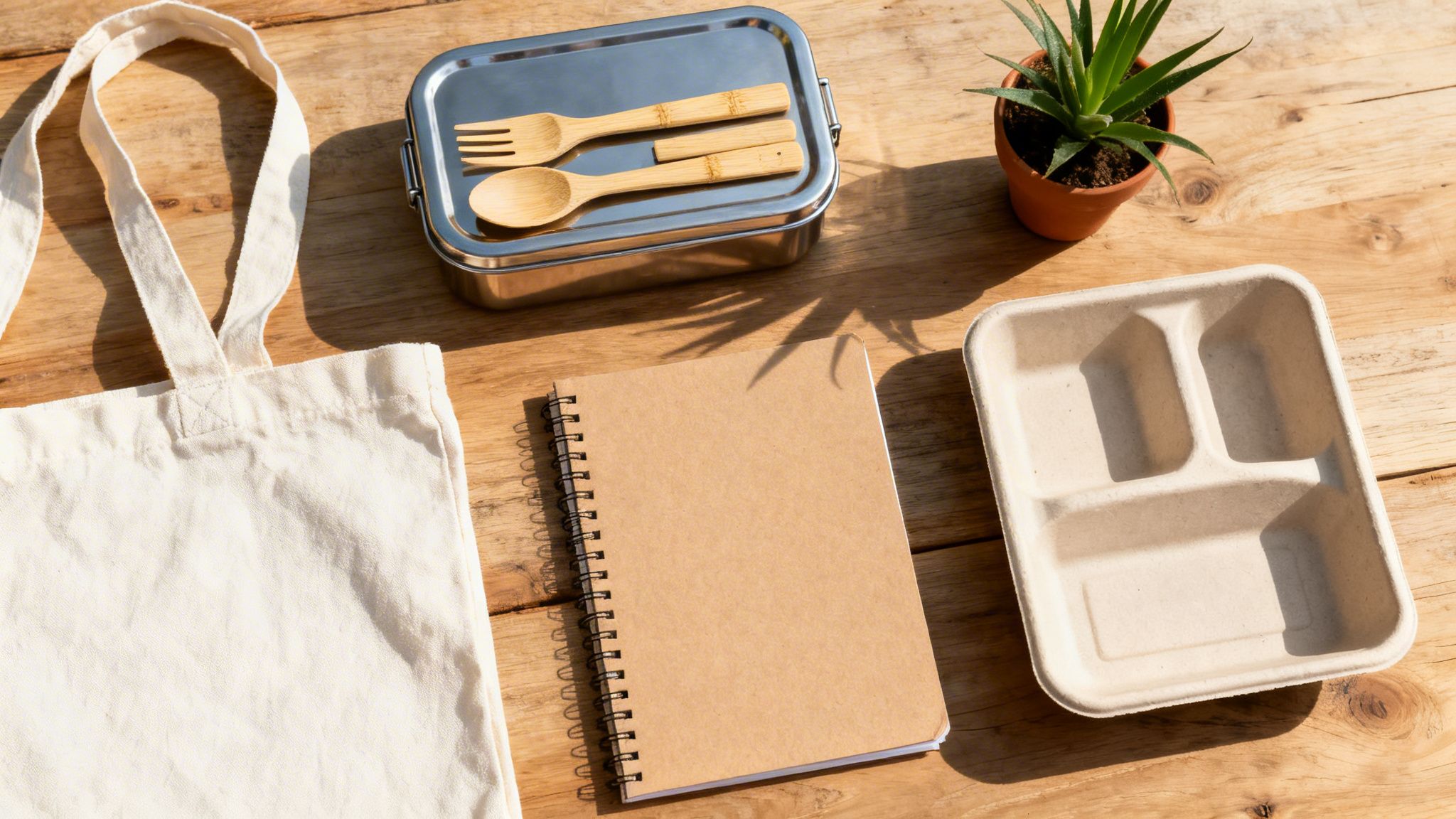 Eco-friendly back to school supplies: a canvas bag, lunchbox with bamboo utensils, and notebook.