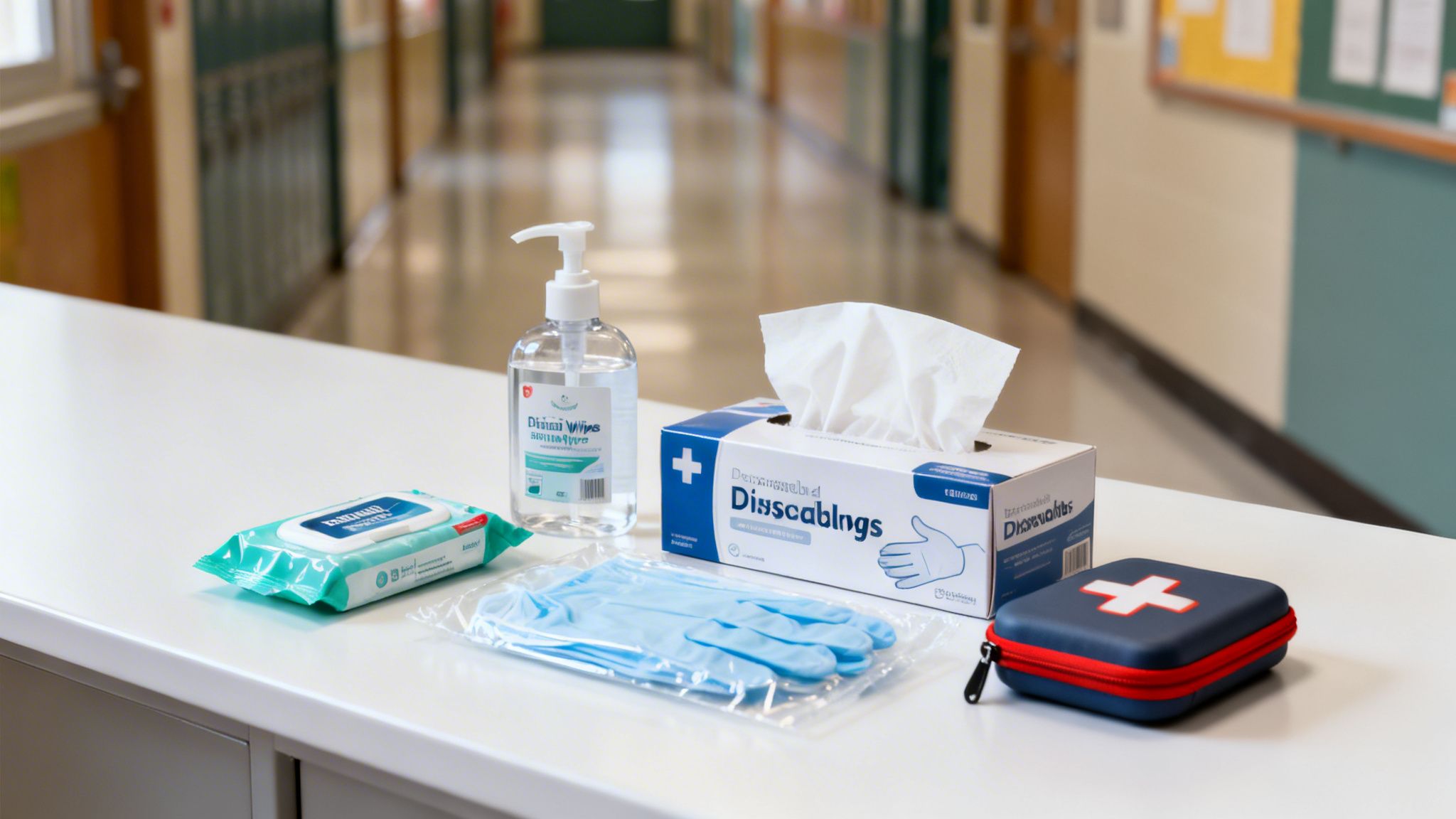 Hand sanitizer, tissues, wet wipes, disposable gloves, and a first aid kit on a counter.