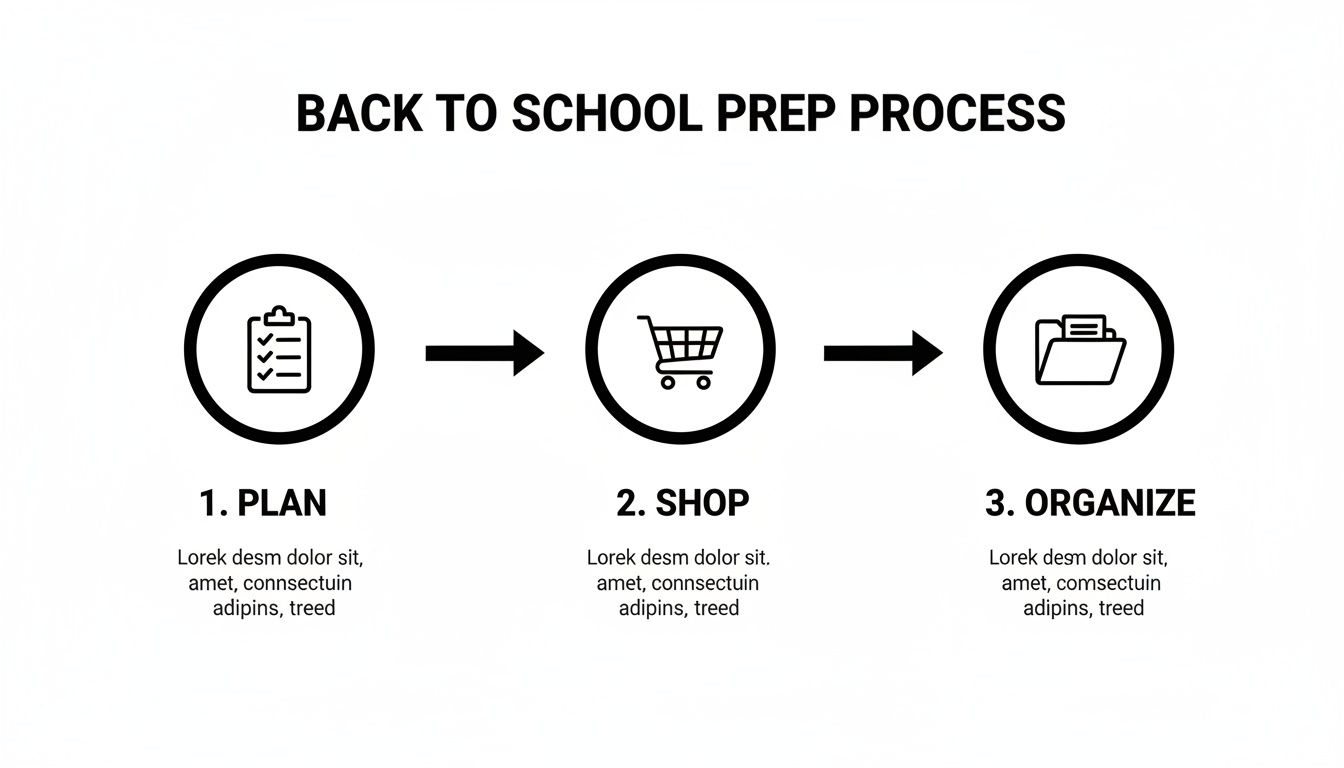 Three-step back-to-school preparation process: plan, shop, and organize essentials with icons.