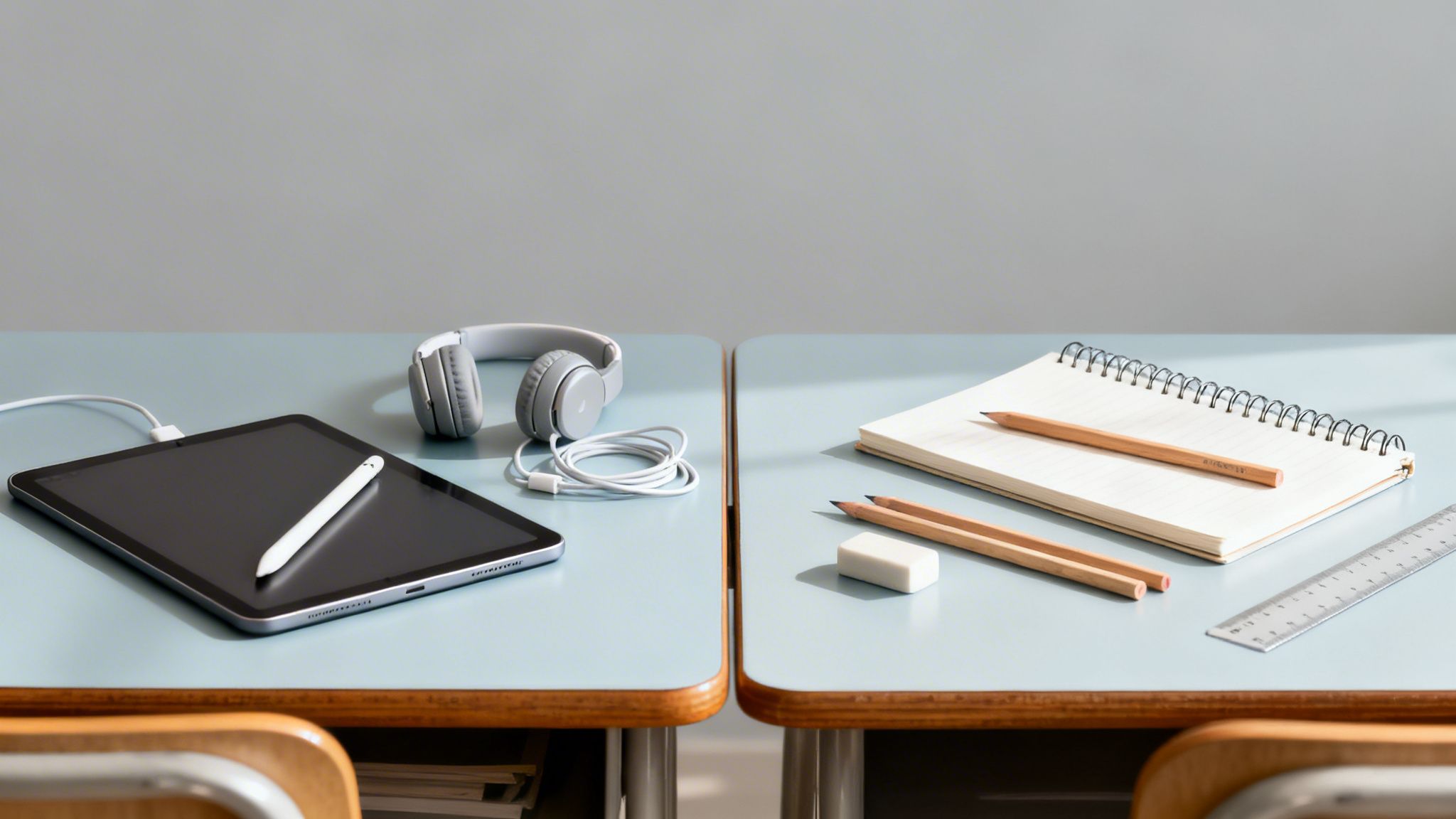 Two school desks displaying various study tools like a tablet, headphones, notebook, and pencils.