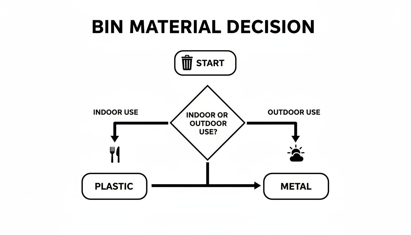 A flowchart for bin material decision: plastic for indoor, metal for outdoor use.