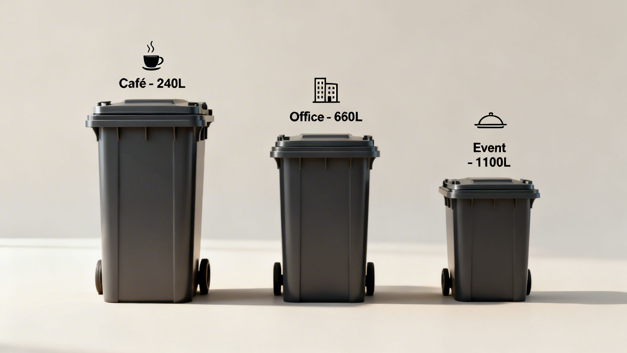 Three black trash bins of varying sizes, labeled for 'Café-240L', 'Office-660L', and 'Event-1100L'.