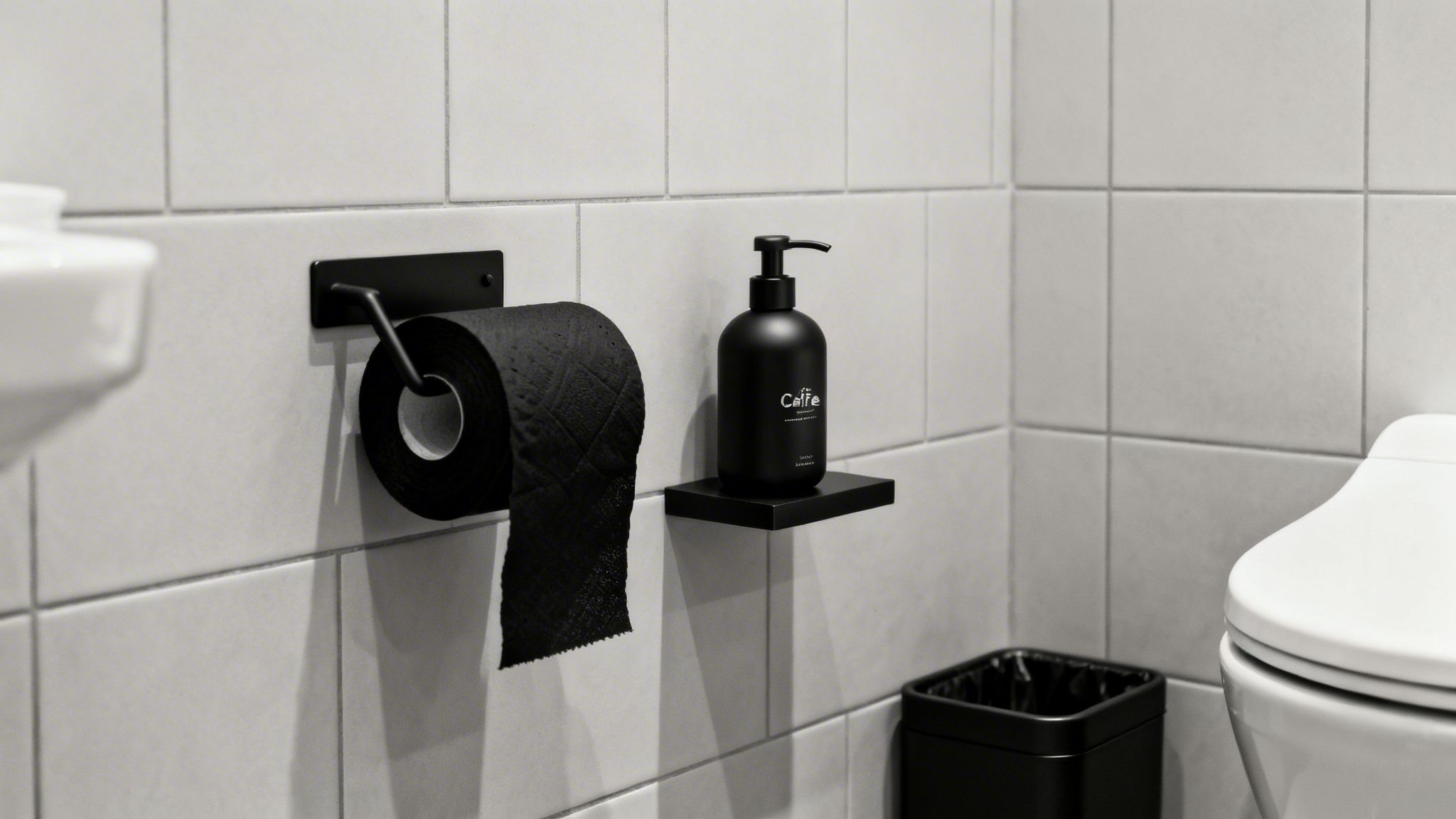 A close-up of a modern bathroom featuring a black toilet roll, black soap dispenser, and white toilet.