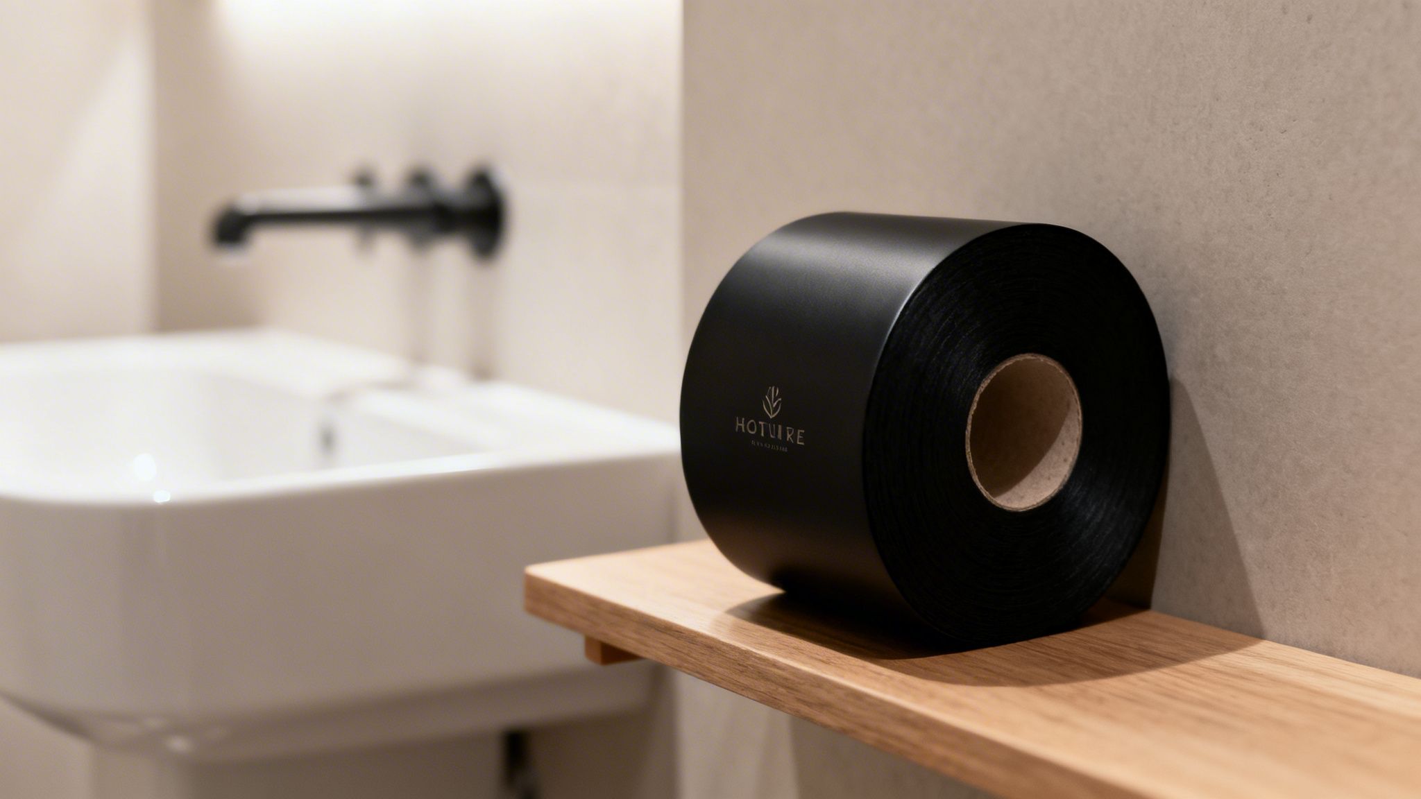 A stylish black toilet paper roll with a Hotuire logo rests on a wooden shelf in a modern bathroom.