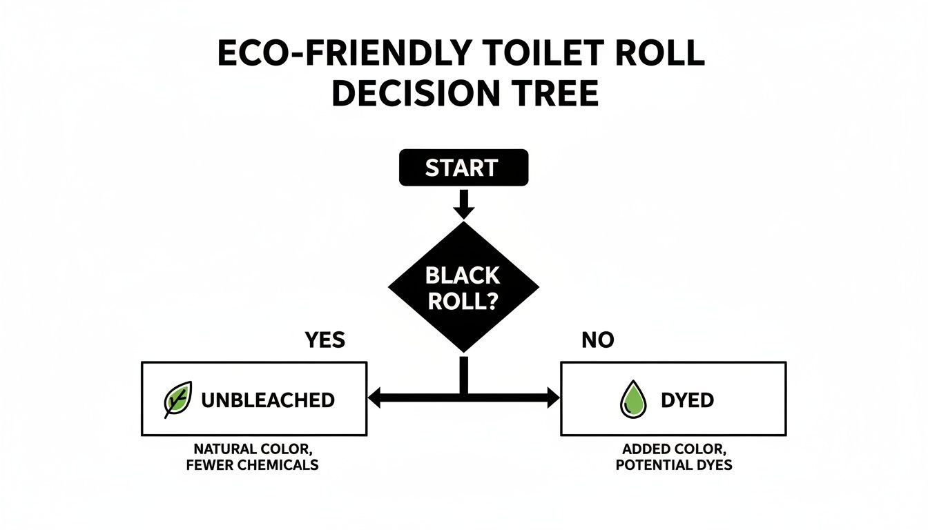 An eco-friendly toilet roll decision tree: Is it a black roll? Yes means unbleached, no means dyed.