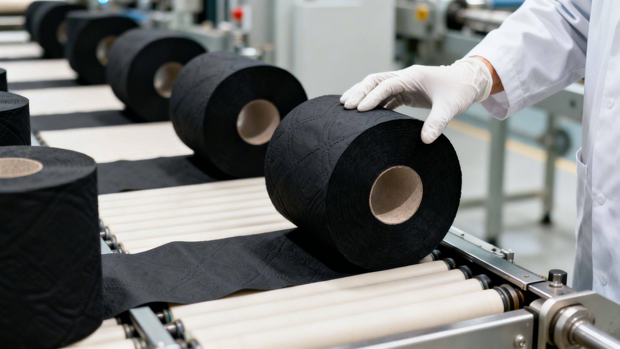 Person in a white lab coat and gloves inspecting black toilet paper rolls on a factory conveyor belt.