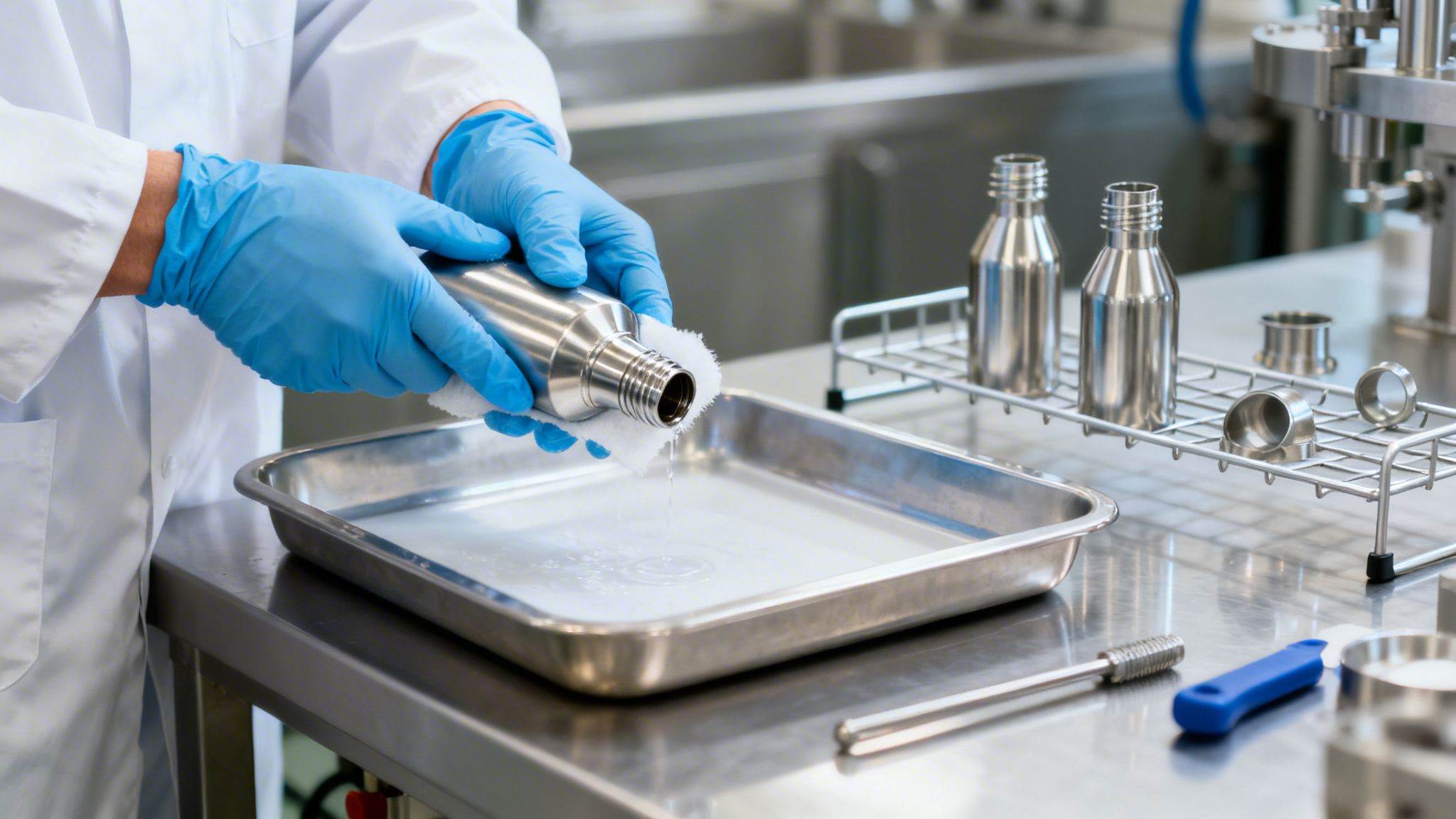 Person in lab coat and blue gloves cleaning a metal bottle with liquid over a tray.