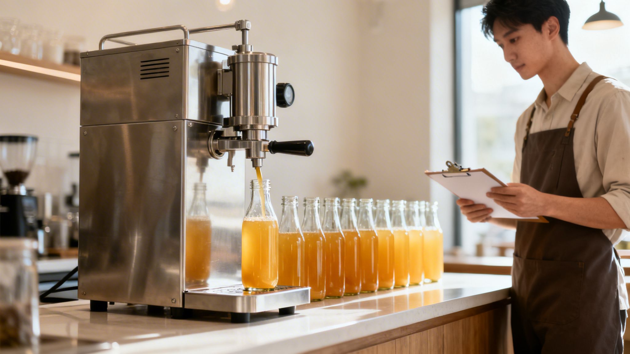 A man in an apron monitors a bottling machine filling glass bottles with yellow liquid in a cafe.