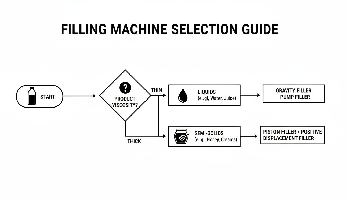 Flowchart guide for selecting a filling machine based on product viscosity, distinguishing between thin liquids and thick semi-solids.