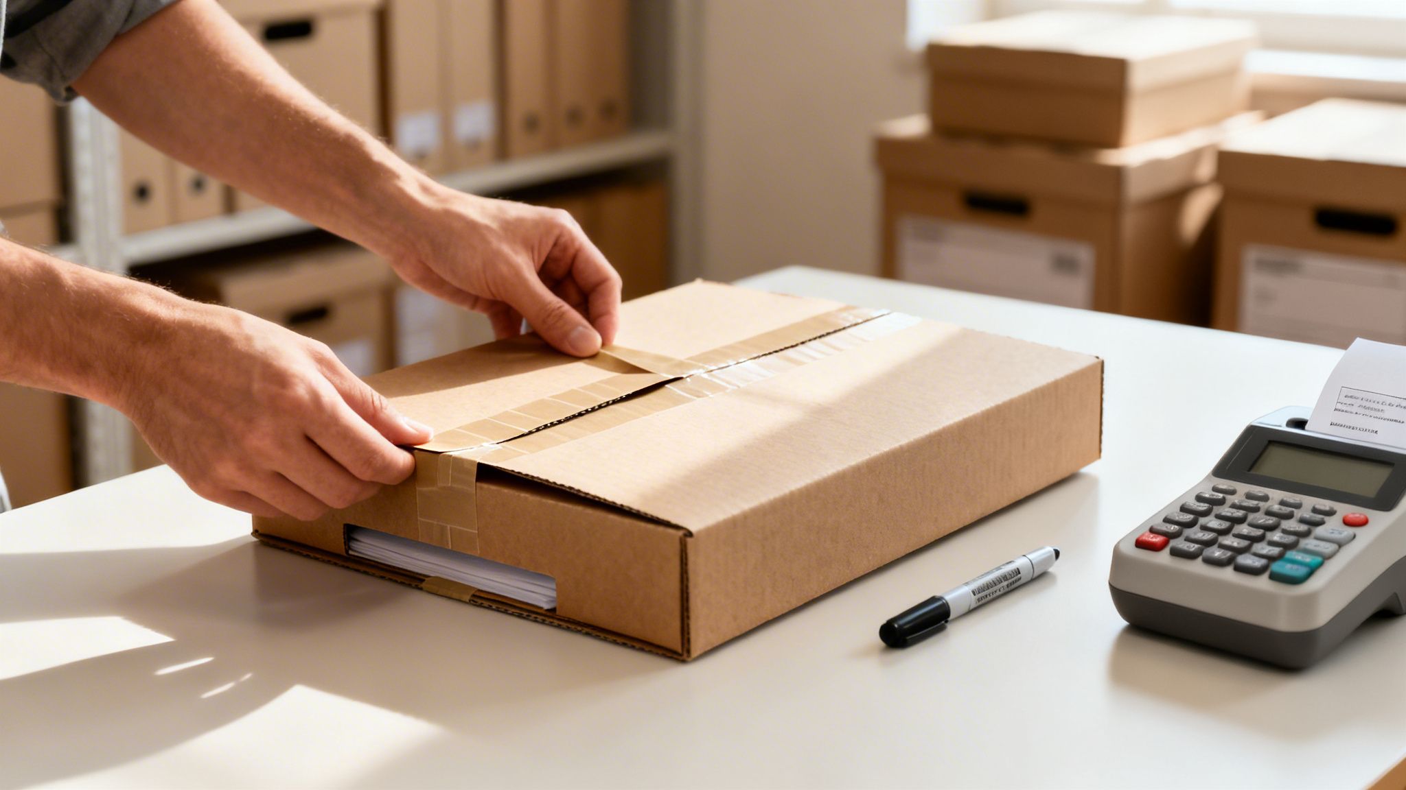 Hands of a person sealing a cardboard shipping box with tape on a desk in an office.
