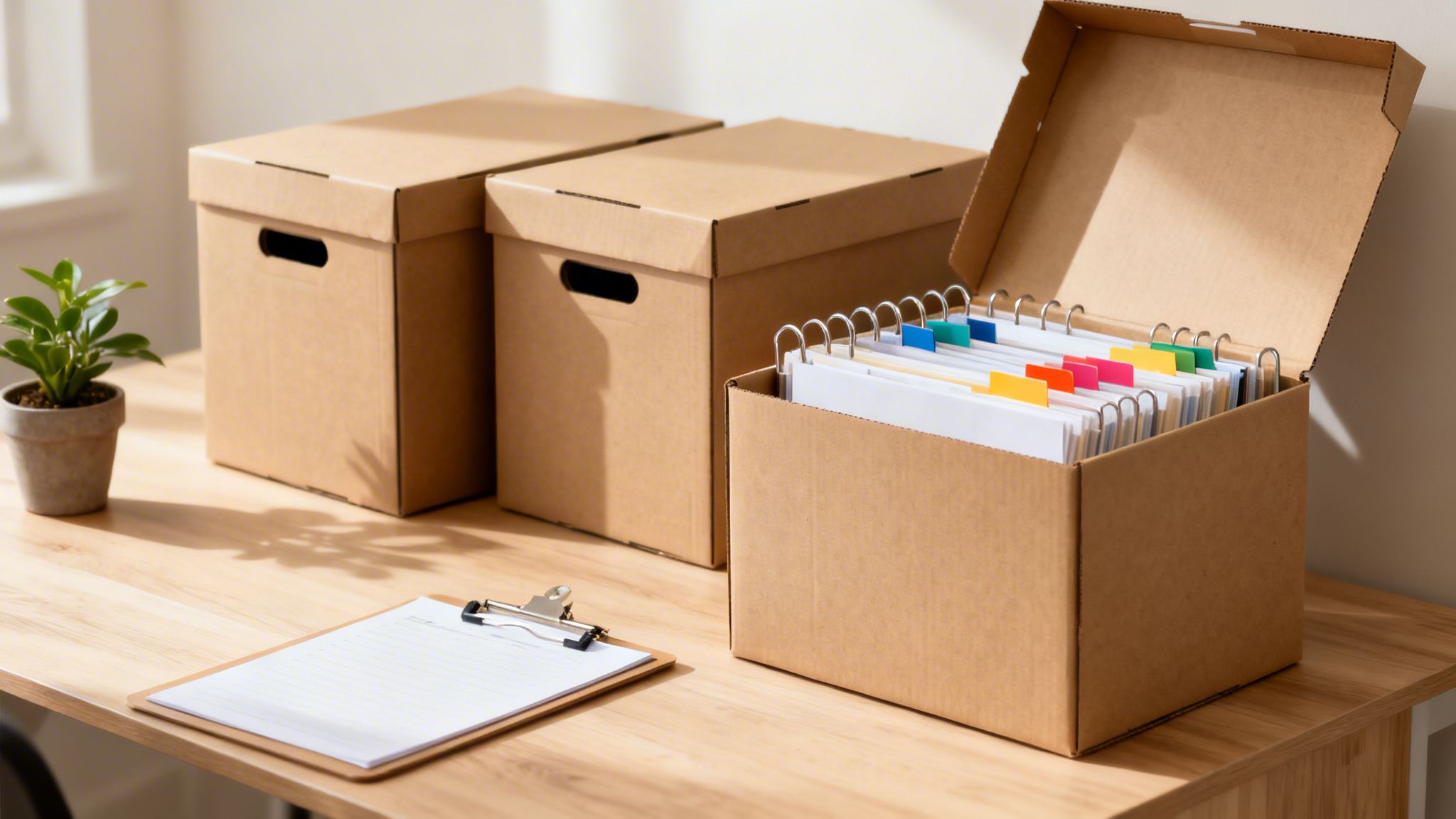 Cardboard boxes for file storage and a clipboard on a light wooden desk.