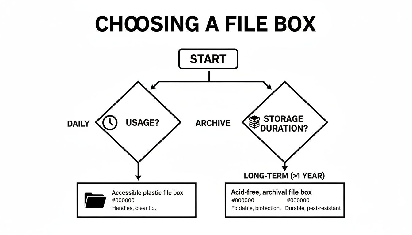 Flowchart guiding the selection of a file box based on daily usage or long-term archival storage.