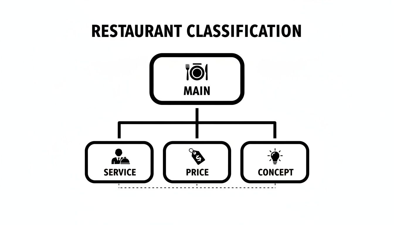 Flowchart illustrating the main classification categories for restaurants: service, price, and concept.