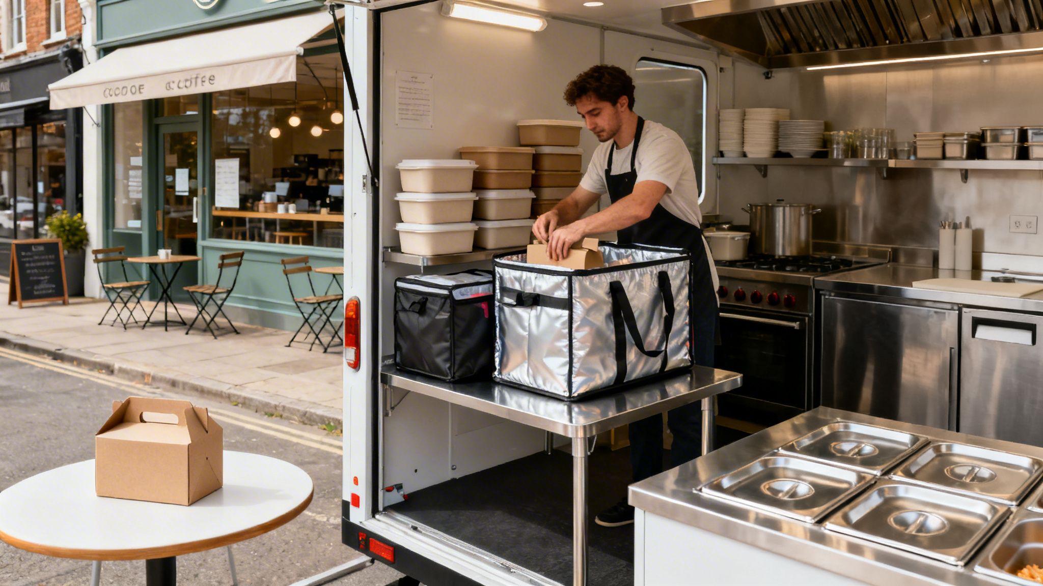 A man packs food into insulated bags inside a food truck, with a coffee shop and outdoor seating visible outside.