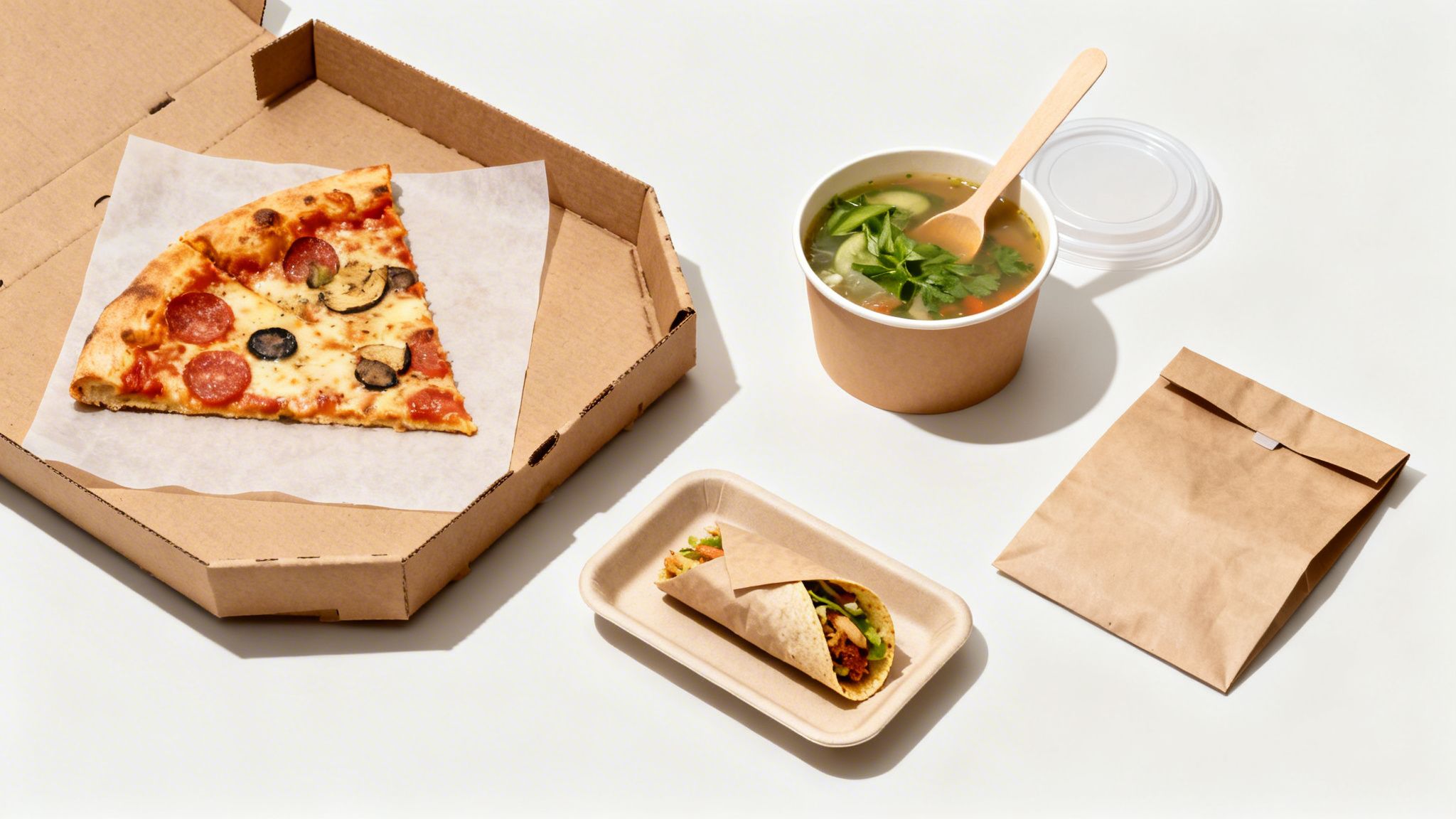 A top-down view of various takeaway food items including pizza, soup, and a burrito.
