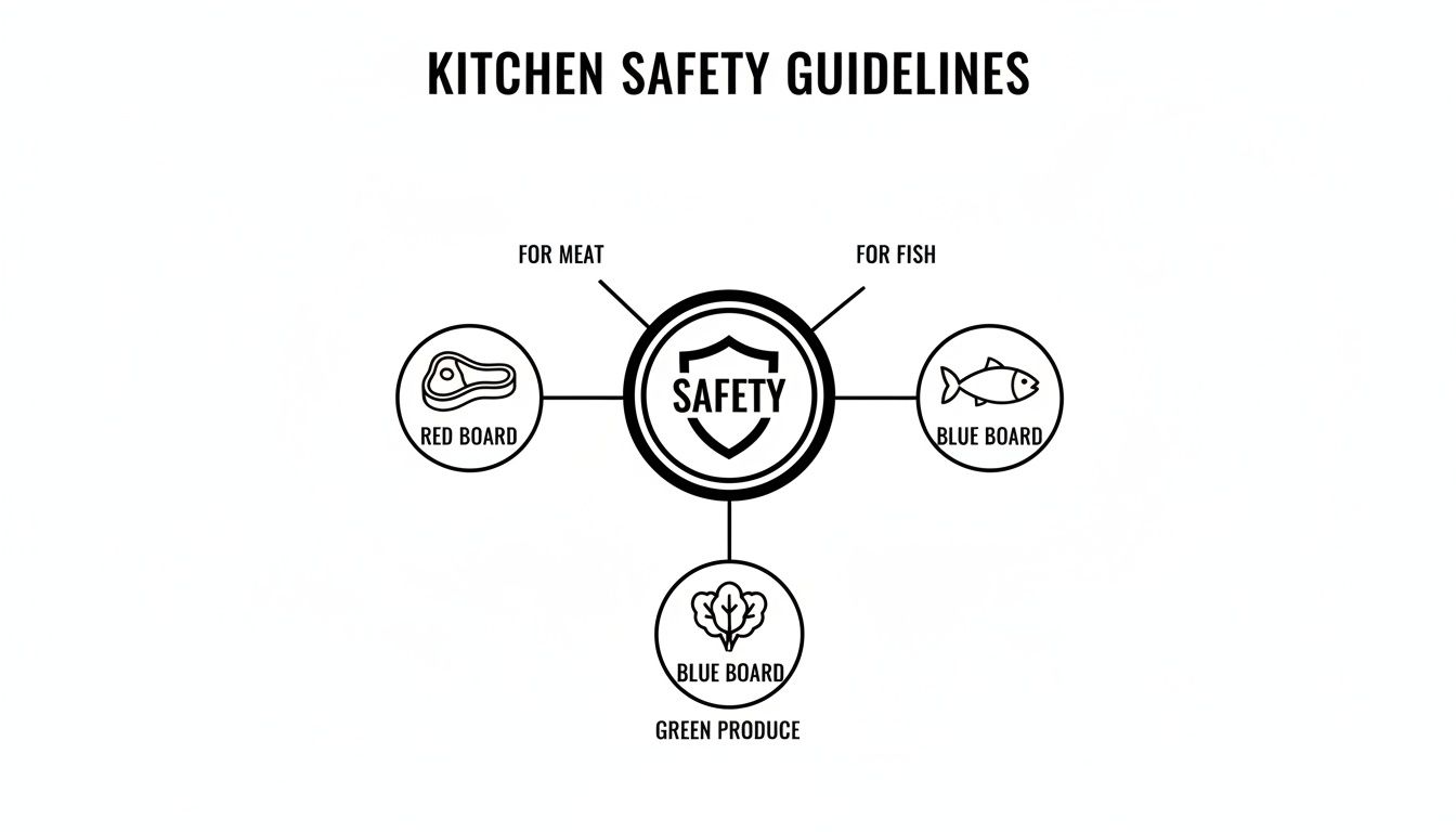 Kitchen safety guidelines infographic showing colored chopping boards for different food types: red for meat, blue for fish and produce.