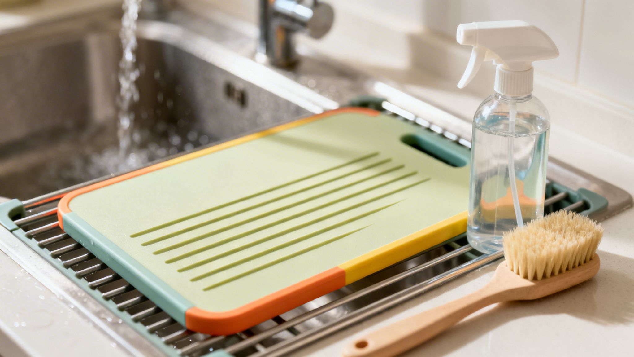 A colourful chopping board on a drying rack over a kitchen sink with cleaning supplies.