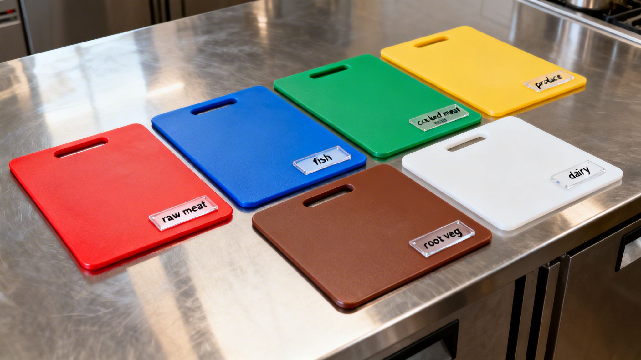Six color-coded chopping boards on a stainless steel counter, each labeled for different food types.