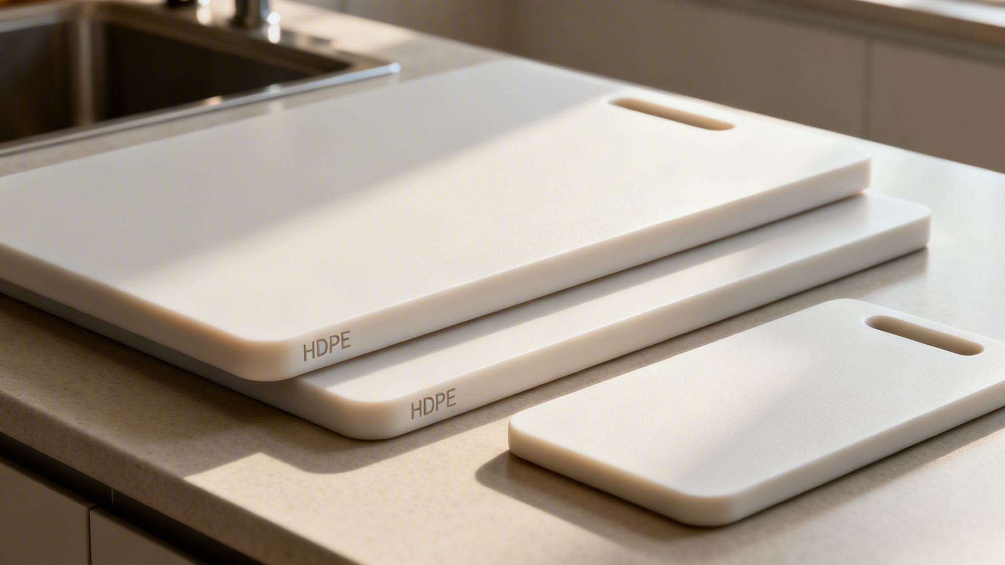 Three white HDPE cutting boards in different sizes on a clean, modern kitchen counter.