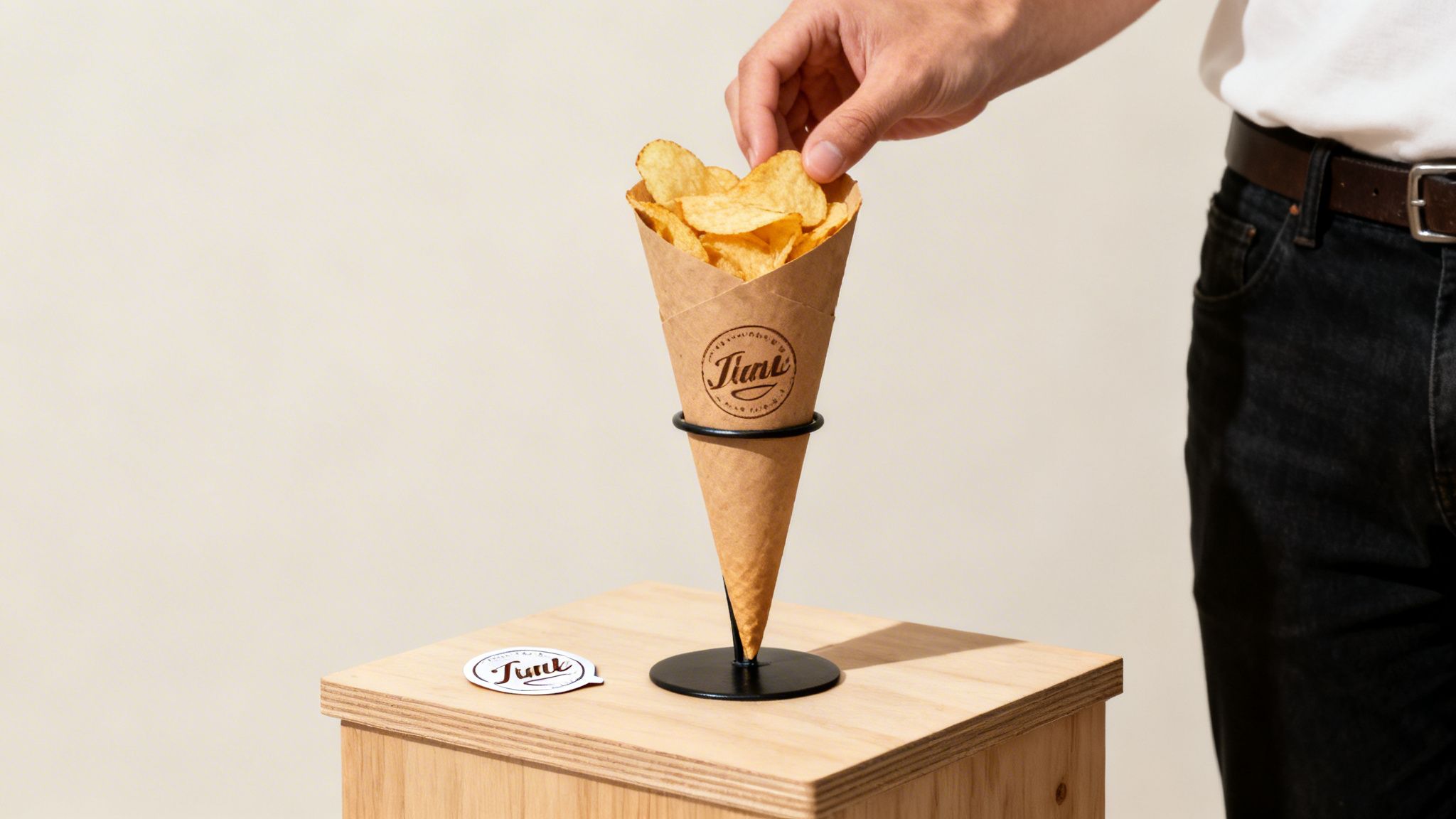 A person's hand picks a potato chip from a brown paper cone of chips in a black stand.