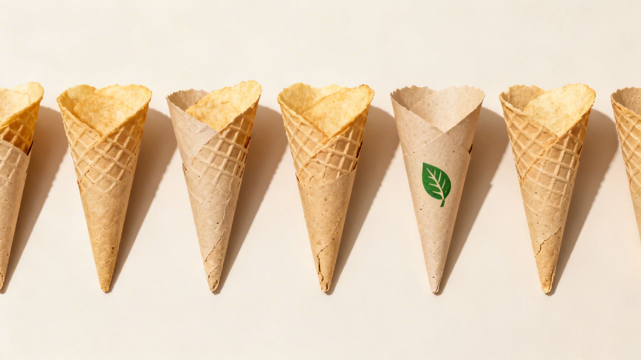 Row of waffle and paper cones filled with potato chips, one cone features a green leaf logo.