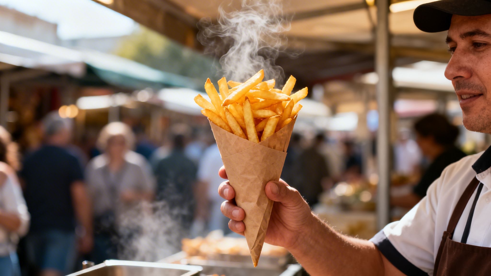 Close-up of a hand holding a steaming paper cone filled with golden french fries at a lively outdoor market.