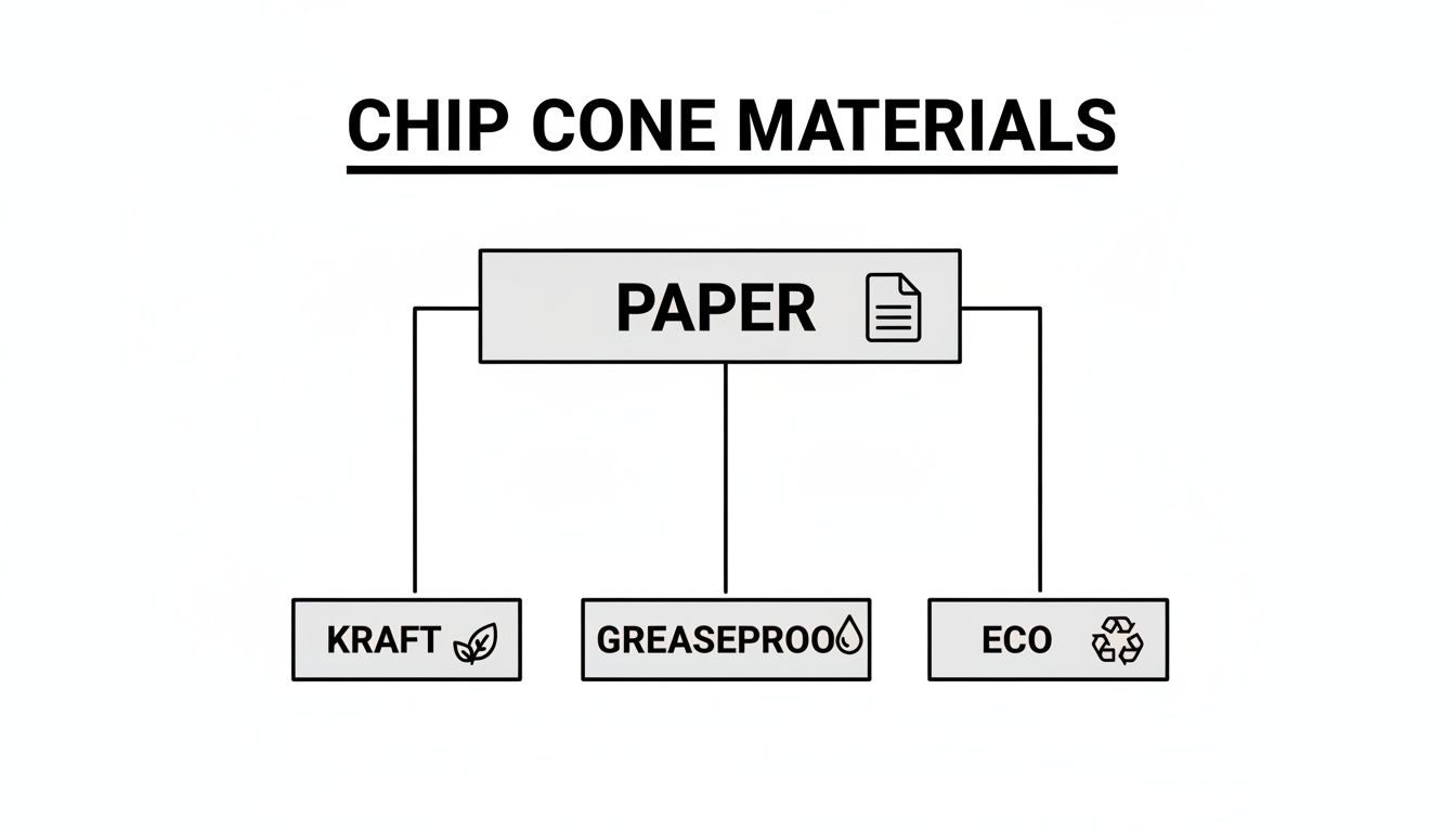 Flowchart showing chip cone materials, including Kraft, greaseproof, and eco-friendly paper types.