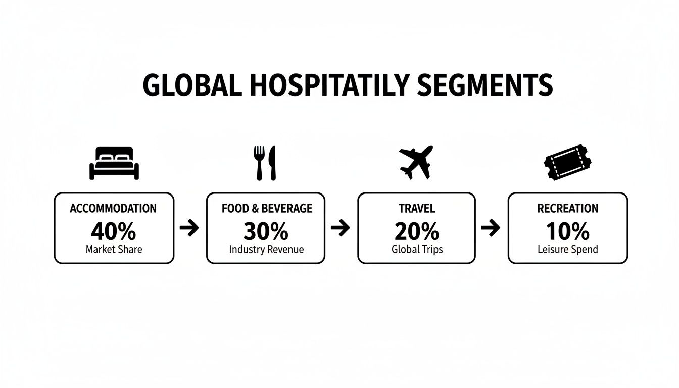 Infographic showing global hospitality segments: Accommodation (40%), Food & Beverage (30%), Travel (20%), and Recreation (10%).