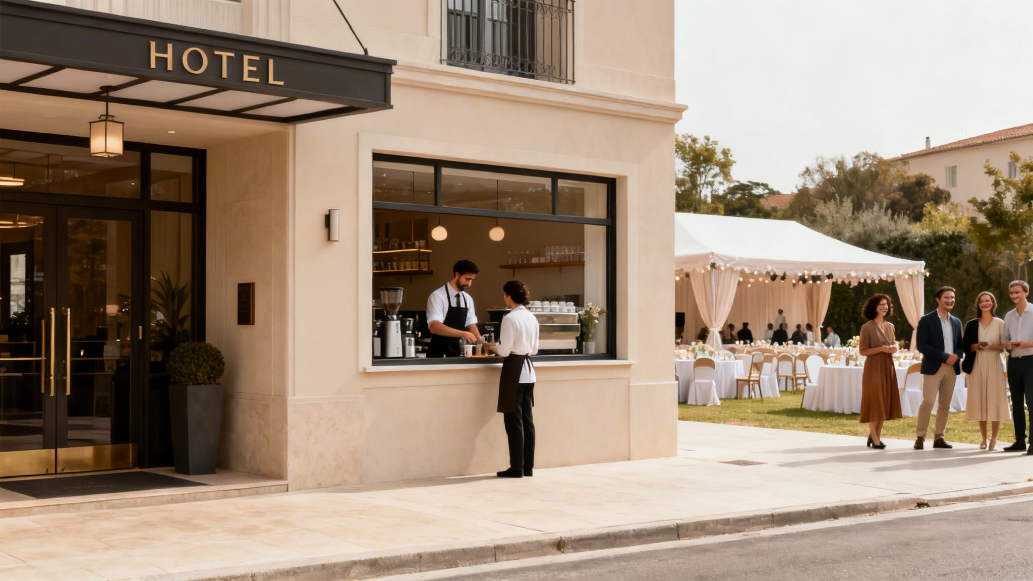Modern hotel exterior with staff serving coffee at an outdoor window, next to an elegant garden event.