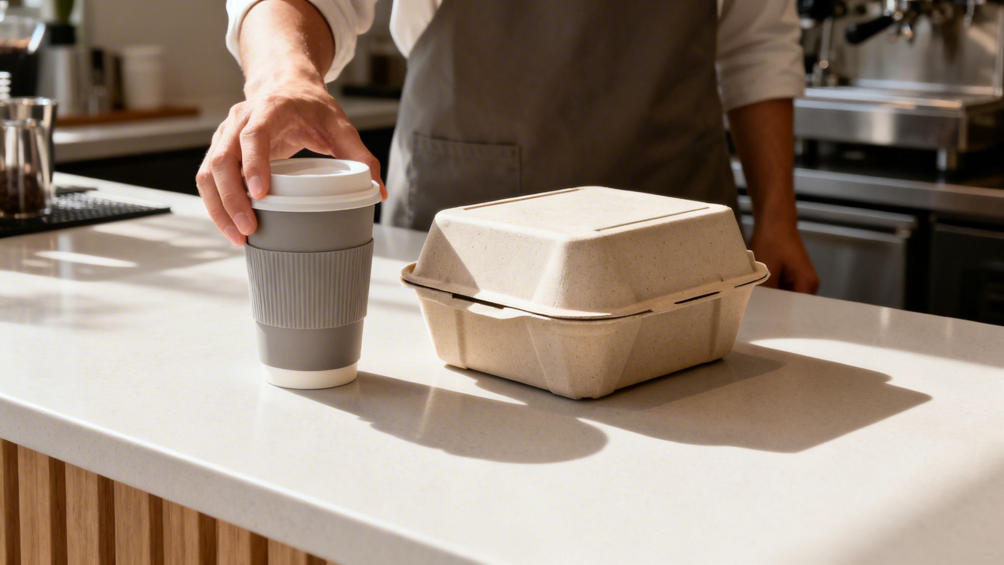 A person places a reusable coffee cup and a takeaway food container on a cafe counter.