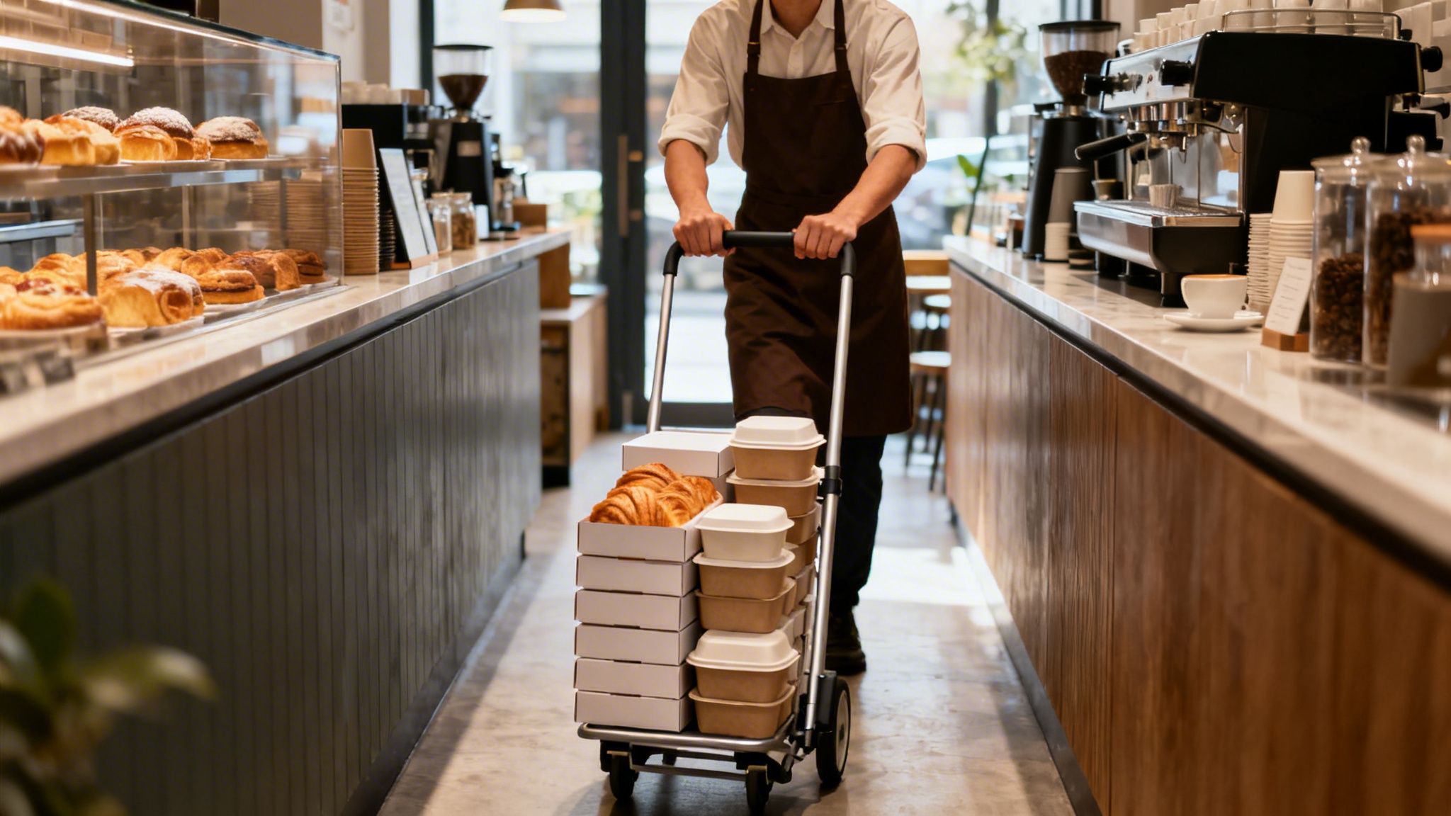 A barista pushes a hand truck cart stacked with croissants and food boxes in a cafe.