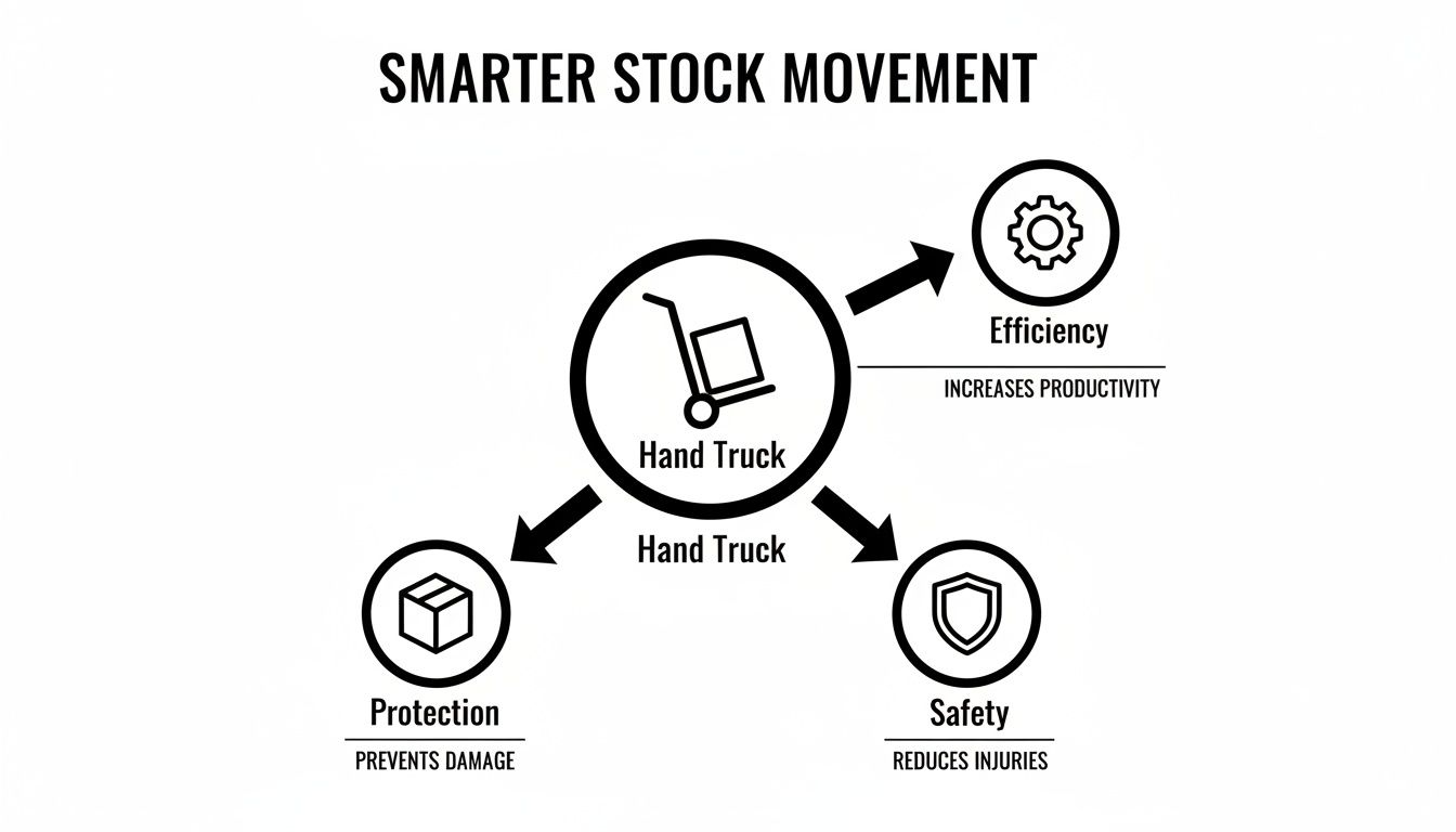 Diagram illustrating hand truck benefits for smarter stock movement, enhancing efficiency, protection, and safety.