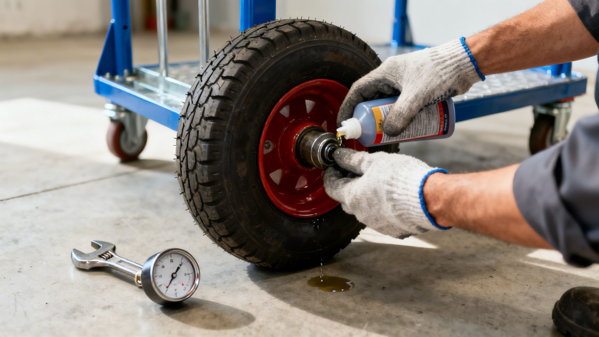 Close-up of a person in gloves lubricating the wheel bearing of a hand truck with oil.