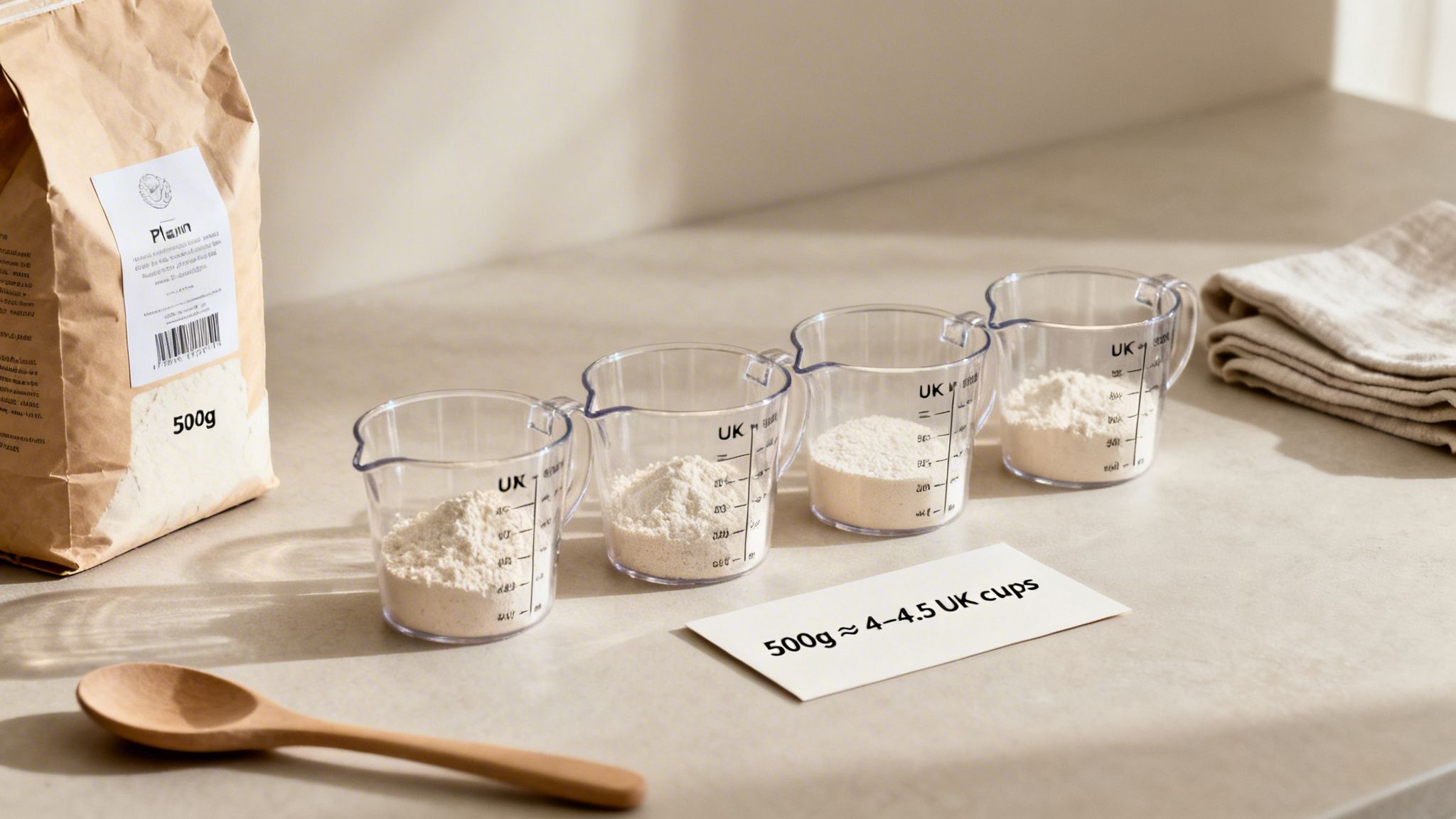 A bag of 500g flour, four UK measuring cups filled with flour, and a conversion note.