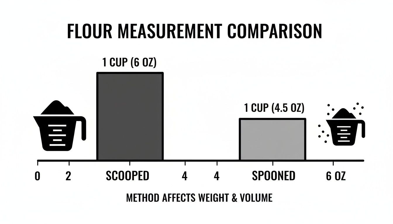 Bar chart comparing scooped (6 oz) and spooned (4.5 oz) flour, showing measurement method affects weight.