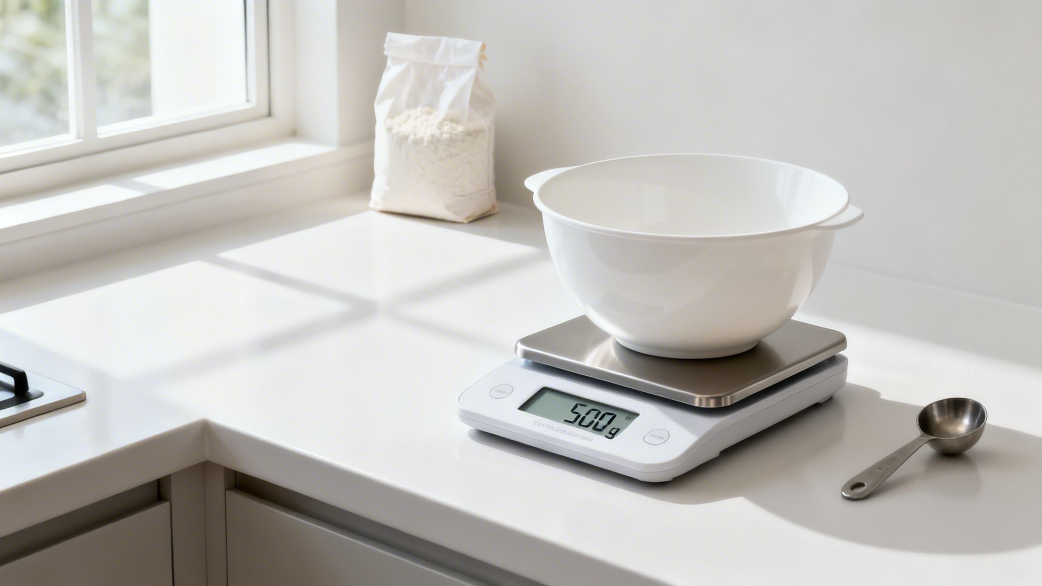 A kitchen counter scene with a digital scale displaying 500g, a white bowl, a bag of flour, and a spoon.