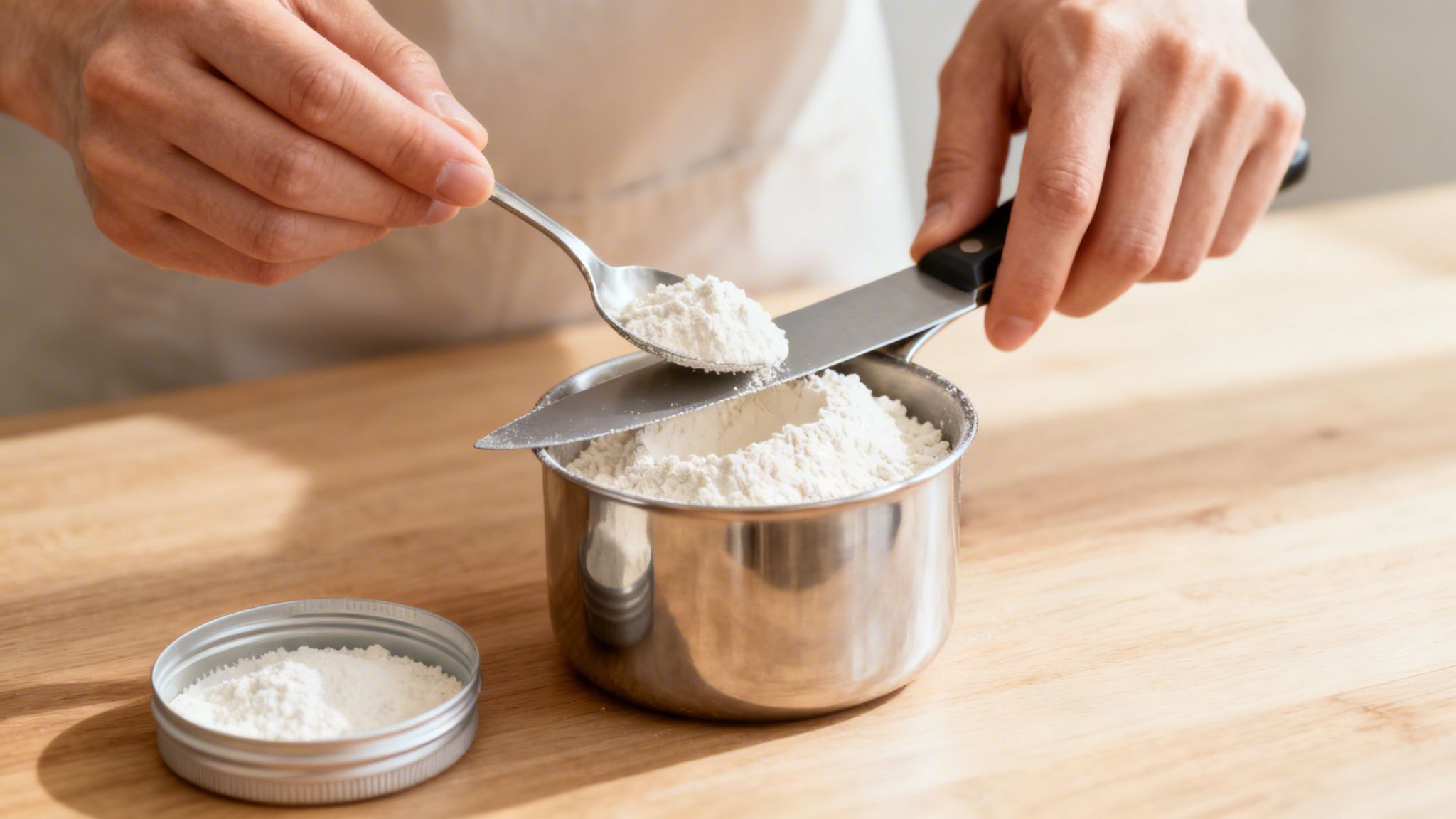 Hands scooping and leveling white flour into a metal measuring cup on a wooden table.
