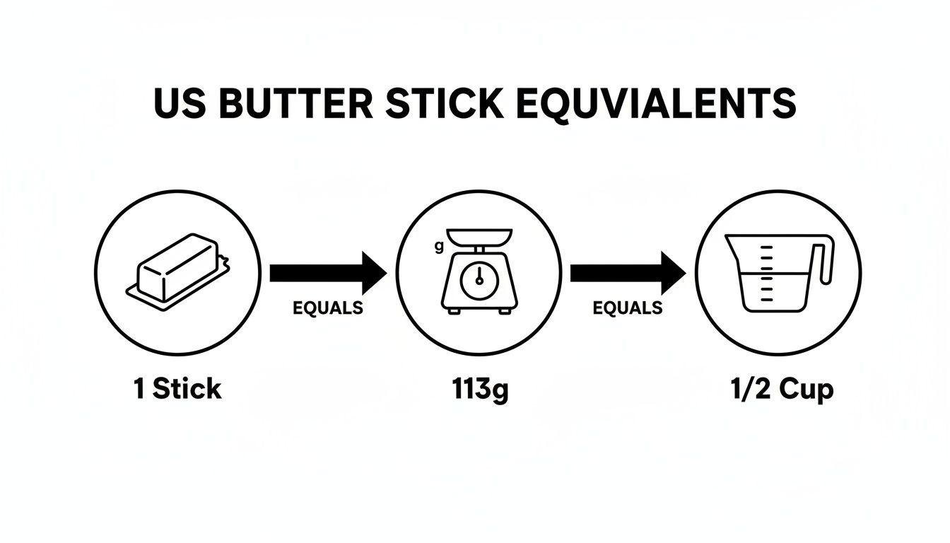 A diagram illustrating US butter stick equivalents: 1 stick equals 113 grams equals 1/2 cup.
