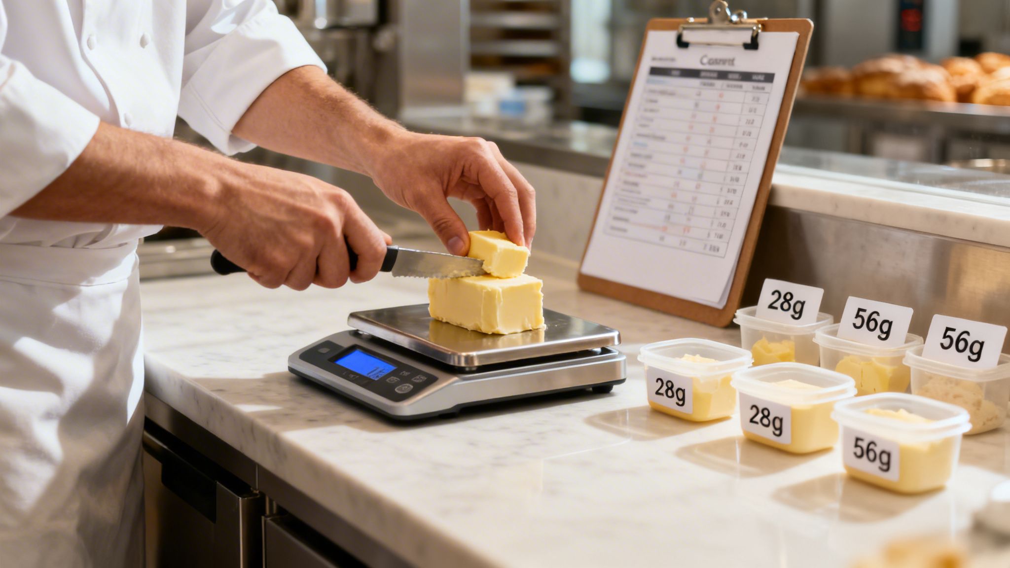 A baker cutting a block of butter on a digital scale for precise measurement in a kitchen.