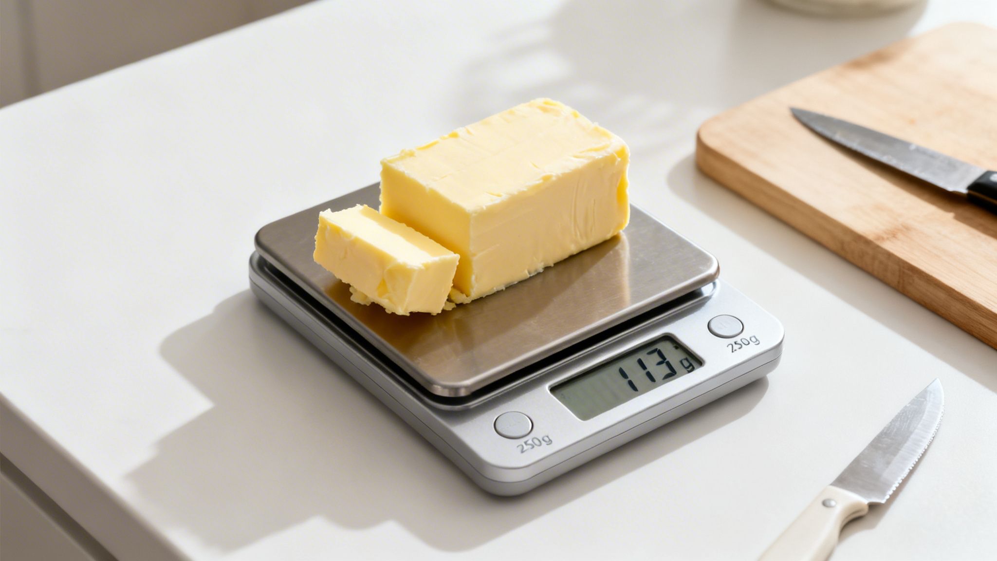 A large block of butter and a smaller piece are accurately weighed on a digital kitchen scale, showing 113g.