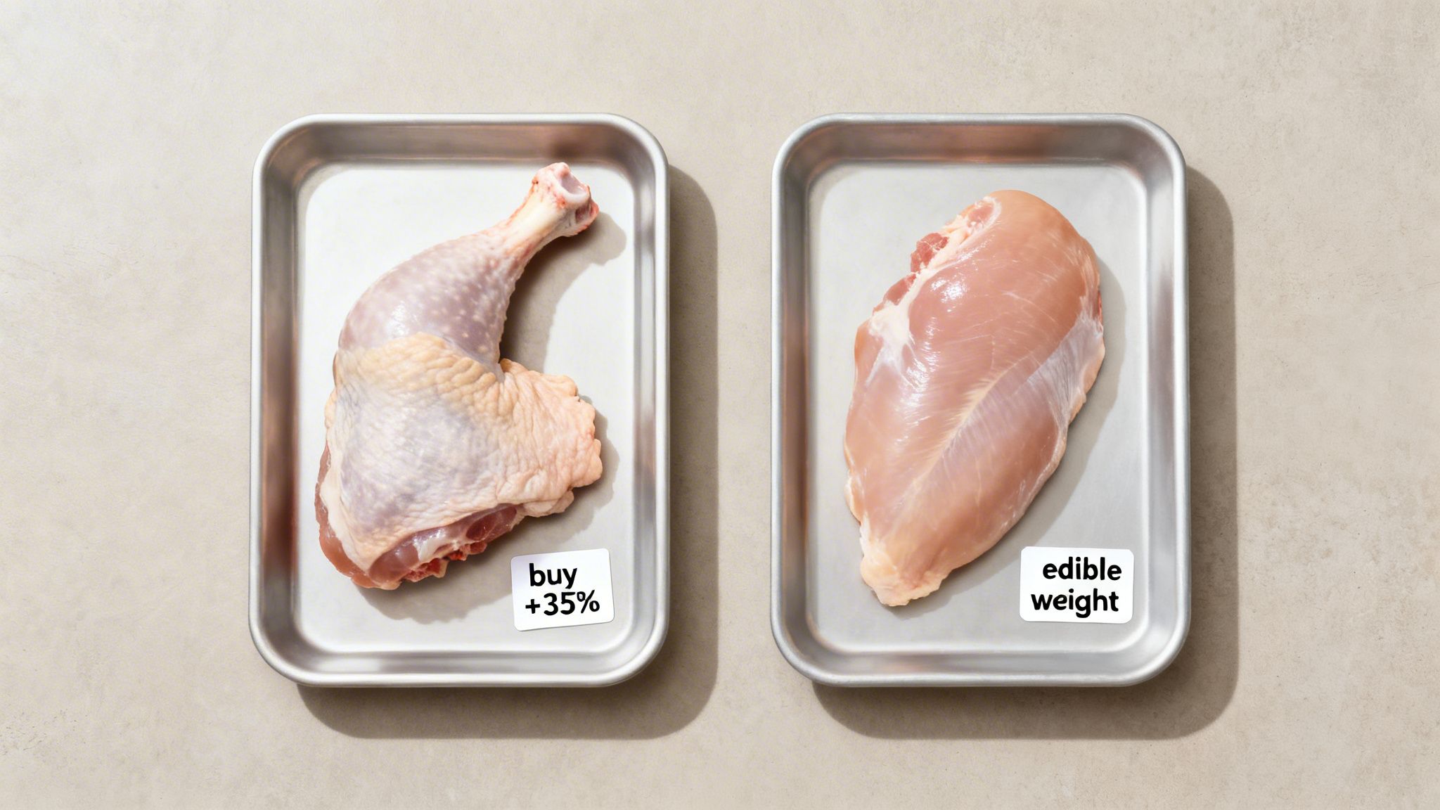 Overhead view of raw chicken leg and breast on metal trays, comparing 'buy +35%' and 'edible weight'.