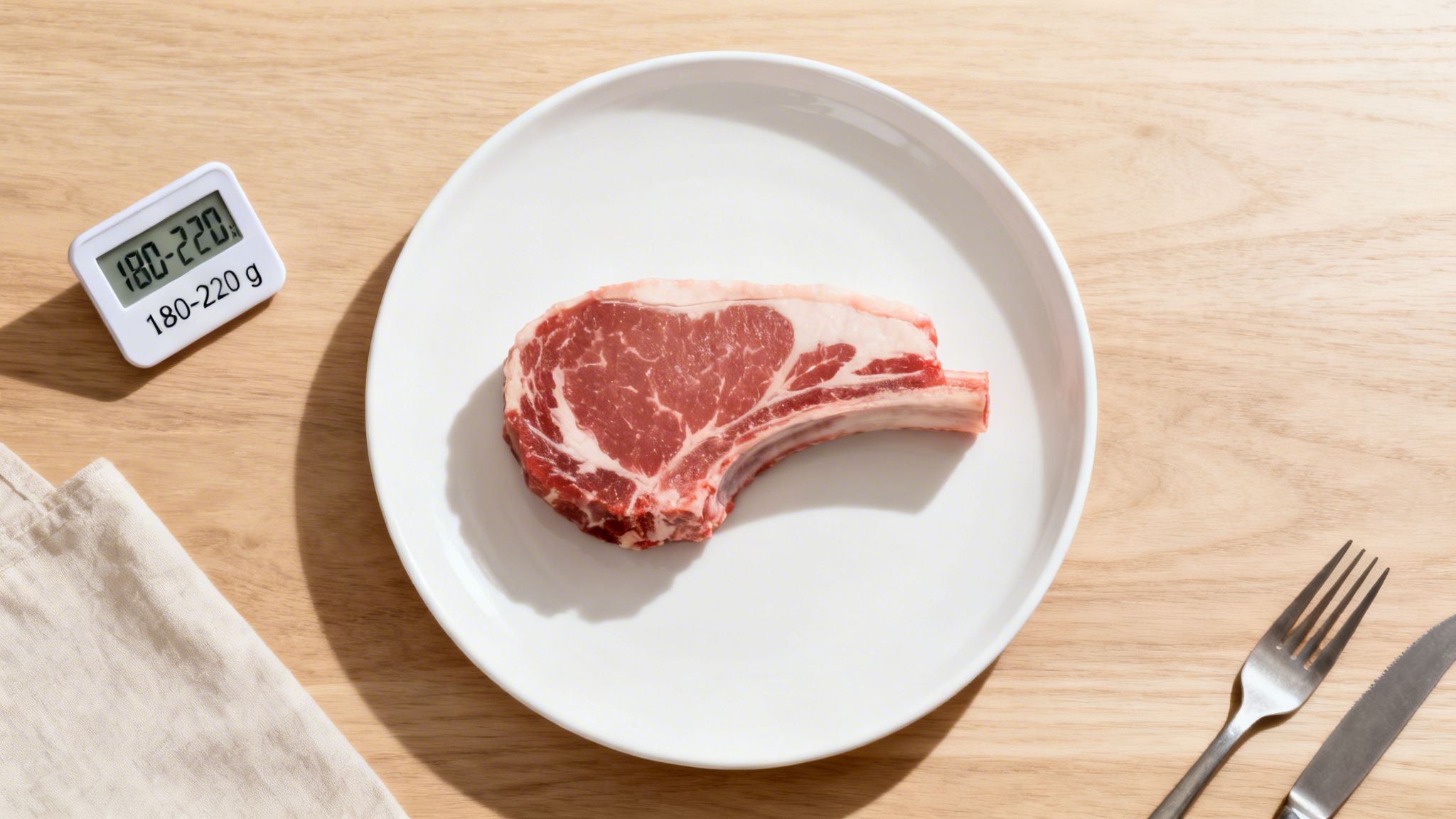 A raw ribeye steak on a white plate, with a digital scale showing 180-220g portion.