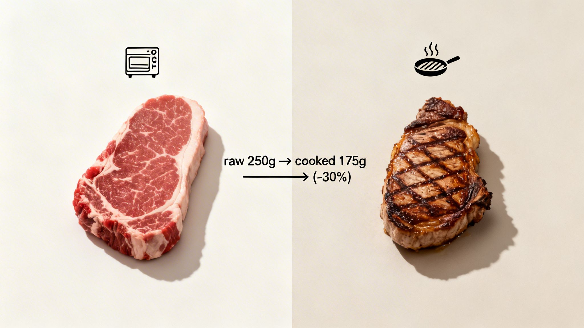 A raw 250g steak next to a cooked 175g steak, showing 30% weight loss after cooking.