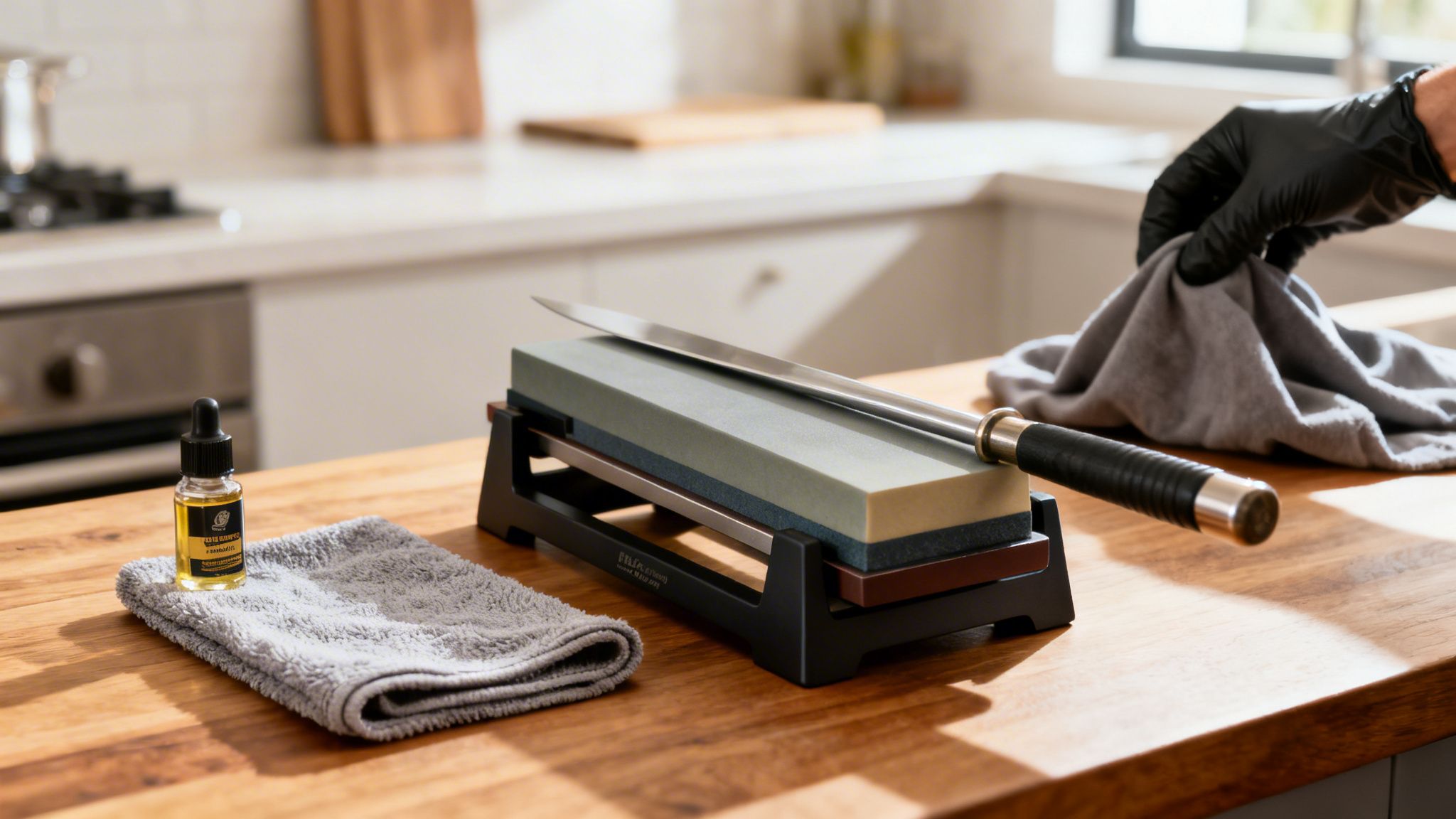 A chef's knife resting on a sharpening stone on a wooden counter with oil and cloth.