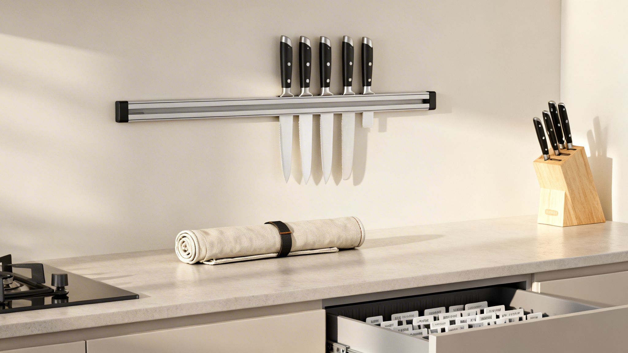 A kitchen counter with various knife storage solutions including a magnetic strip, wooden block, and knife roll.